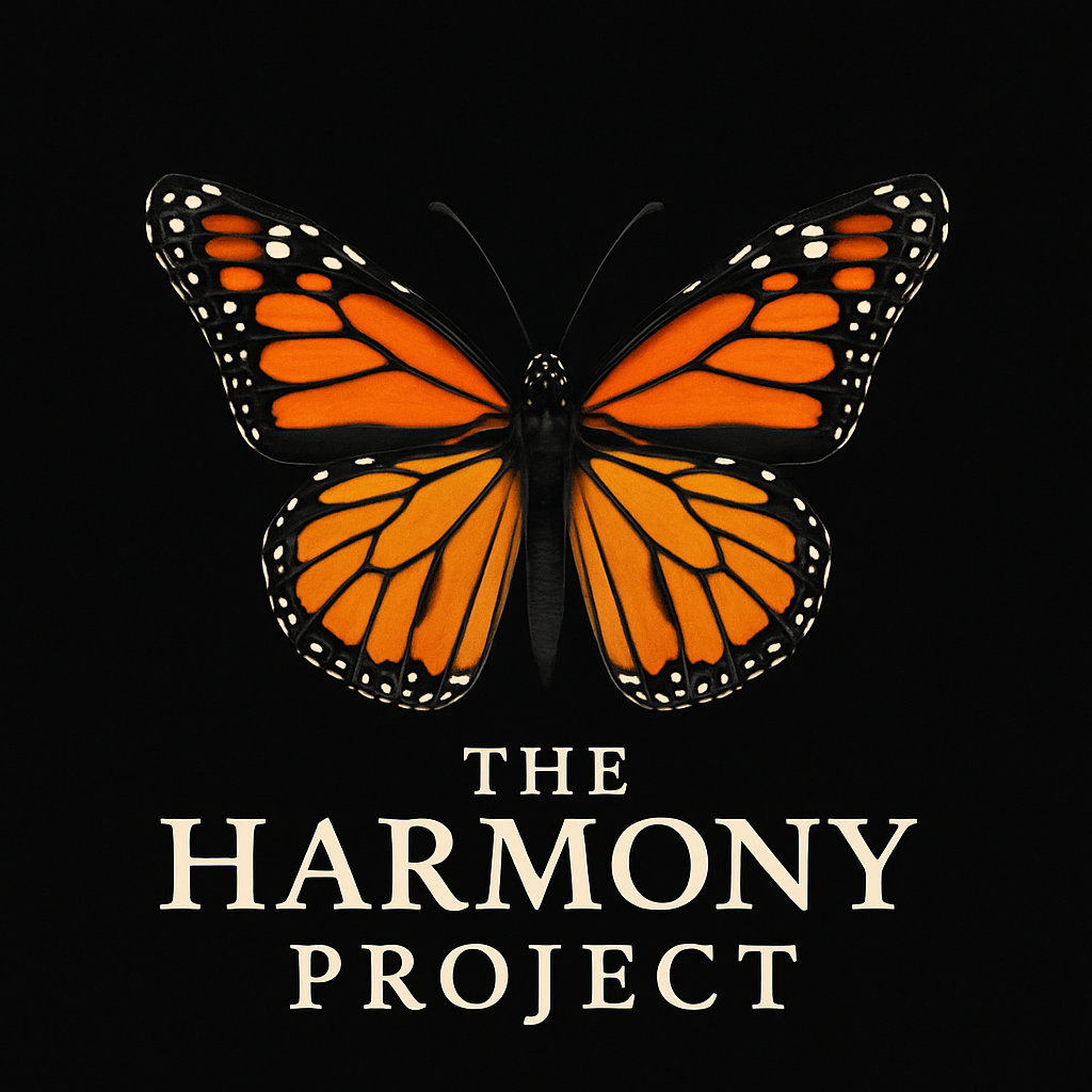 A Monarch butterfly with orange and black wings against a black background, with the text 'The Harmony Project' beneath it.