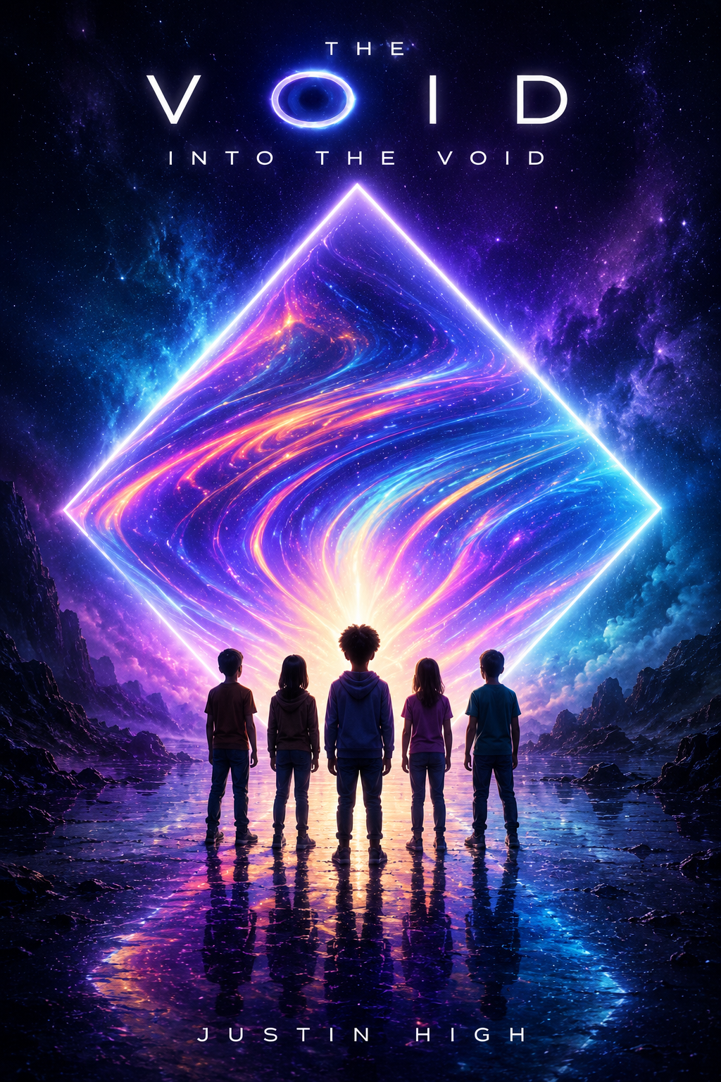 Five children stand on a reflective wet surface looking at a vibrant, swirling cosmic scene inside a glowing diamond-shaped portal in space, with mountains and stars in the background, and the title 'The Void Into The Void' at the top.