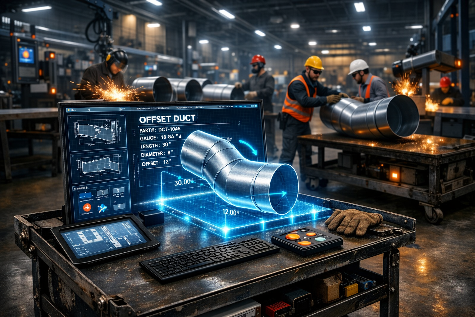 Industrial engineers inspect metal pipes in a manufacturing plant with a digital blueprint of a pipe on a computer screen showing technical details.