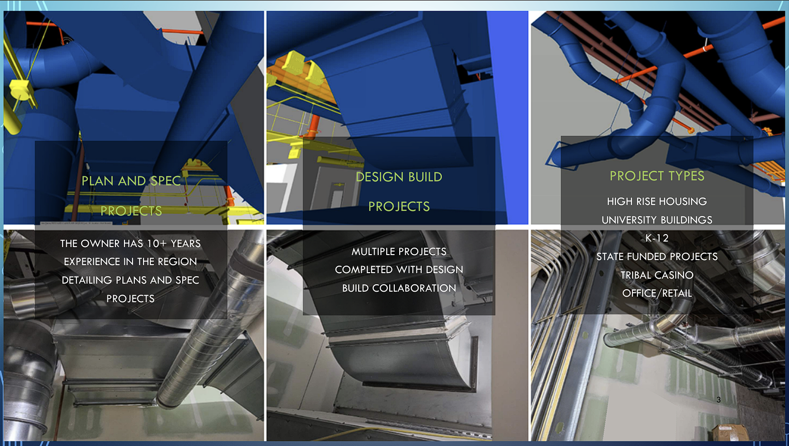 Collage of three construction project images showing blue pipes and ductwork. Overlaid text in three sections describes services like planning, design build, and project types including high rise housing, university buildings, K-12, tribal casino, and office retail. Additional text highlights experience, multiple projects, and collaboration.