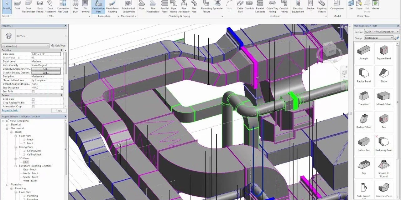 3D model of HVAC ductwork system showing various duct sections, fittings, and connections with color-coded components, on a construction or engineering design software interface. Visible toolbar includes duct and pipe components.