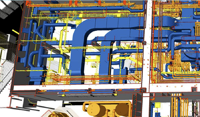 A detailed 3D computer model of an industrial mechanical room depicting various pipes, ducts, and equipment in colors like blue, yellow, and red.