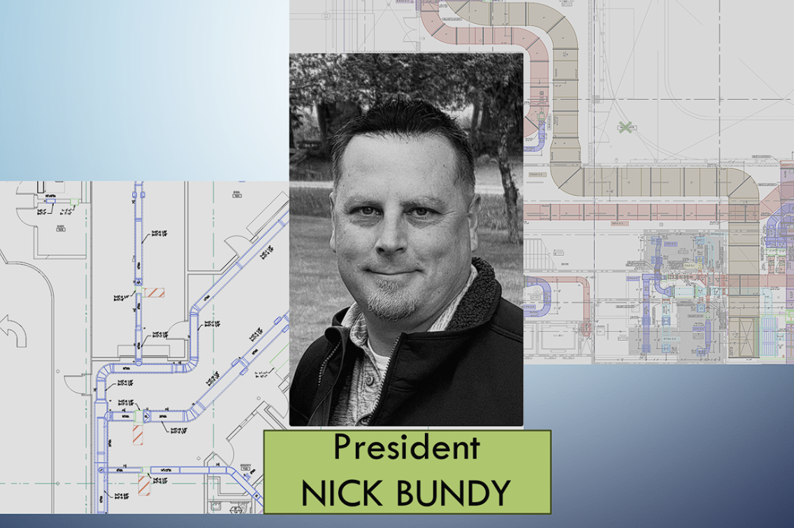 A black-and-white headshot of a man with short hair, standing outdoors with trees in the background, with a background of architectural blueprints and plans. A green box at the bottom reads "President NICK BUNDY."
