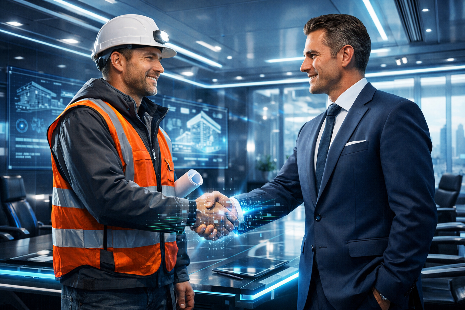 Two men shaking hands in a modern, high-tech conference room with digital screens and cityscape outside the window. One man is wearing a safety helmet and vest, the other in a suit.