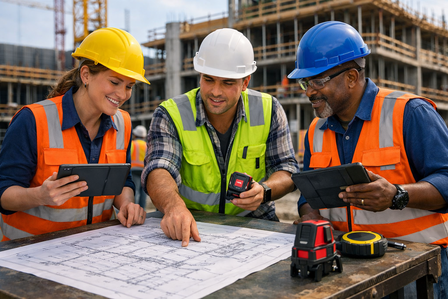 Three construction workers wearing safety helmets and vests examining blueprints and electronic devices at a construction site.