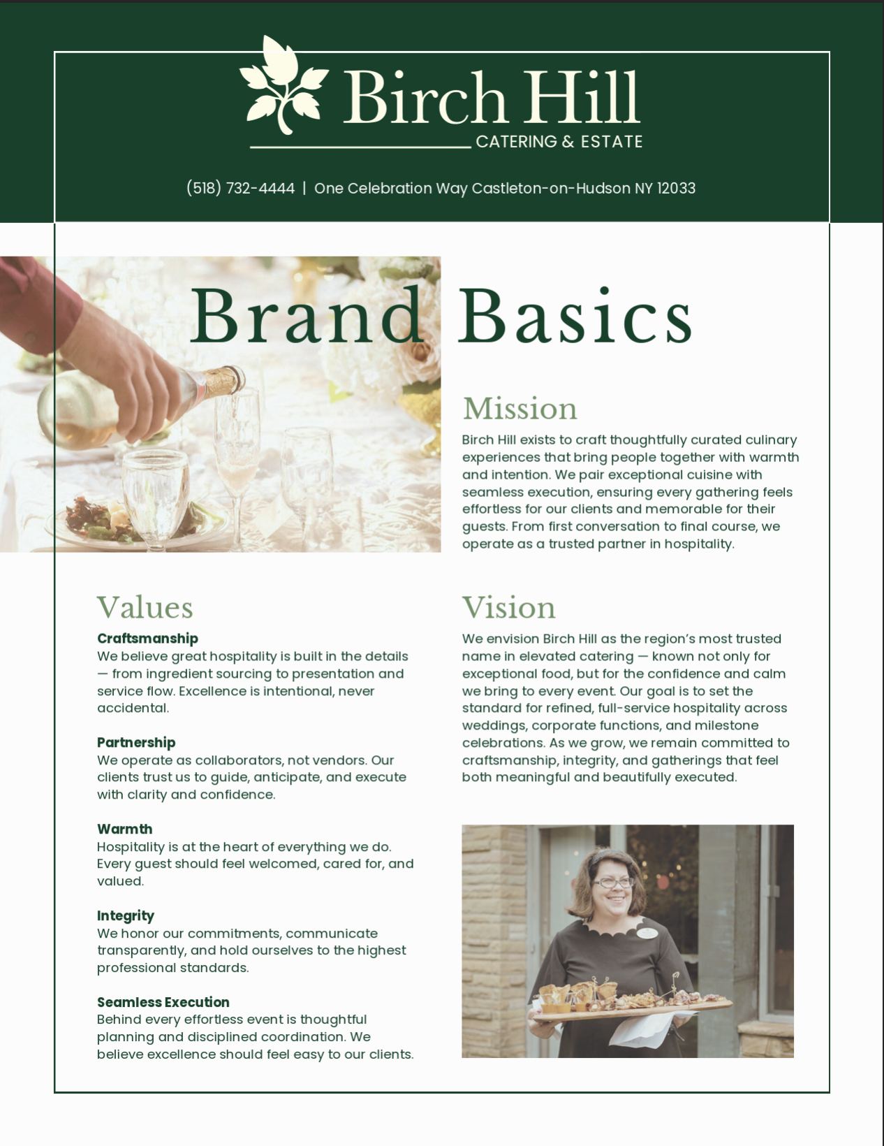 A flyer for Birch Hill Catering & Estate featuring a headline 'Brand Basics' with sections on Mission, Values, and Vision. The flyer includes a photo of a person pouring a drink at a table decorated for an event, with several wine glasses and a flora