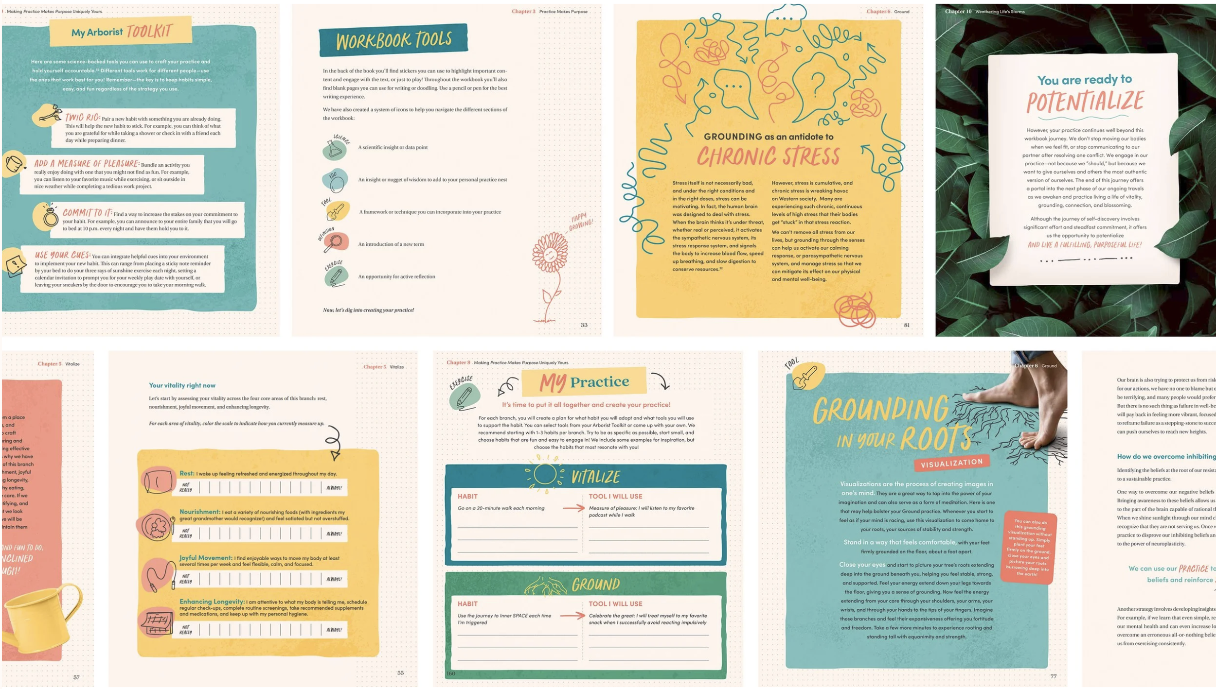 Inside pages of a guidebook about arborist practice, including sections on notebook tools, grounding as an antidote to chronic stress, visualization exercises, and practice tracking habits with illustrations of a plant, a watering can, and notes page