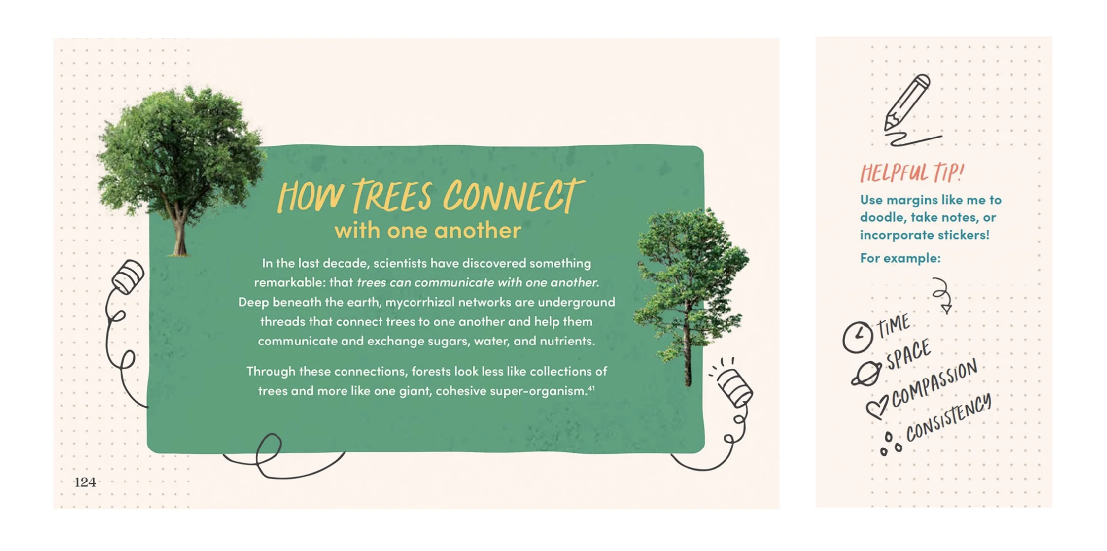 A page from a book or magazine about how trees connect with each other, featuring illustrations of trees and doodles of pens, with text explaining how trees communicate underground through mycorrhizal networks.