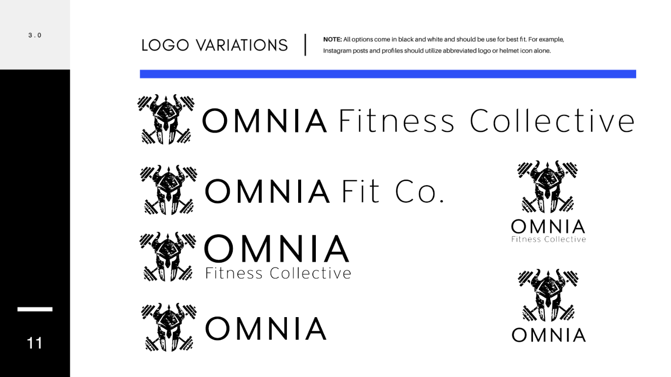 Various black-and-white logo variations for OMNIA Fitness Collective and OMNIA Fit Co. featuring a weightlifting icon with barbell, with text in different font sizes and styles.