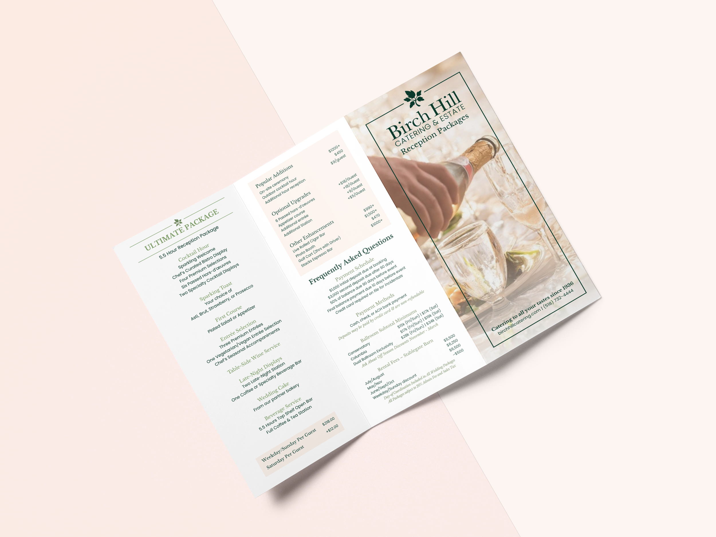 Brochure or menu for Birch Hill Catering & Estate with text and images of drinks.