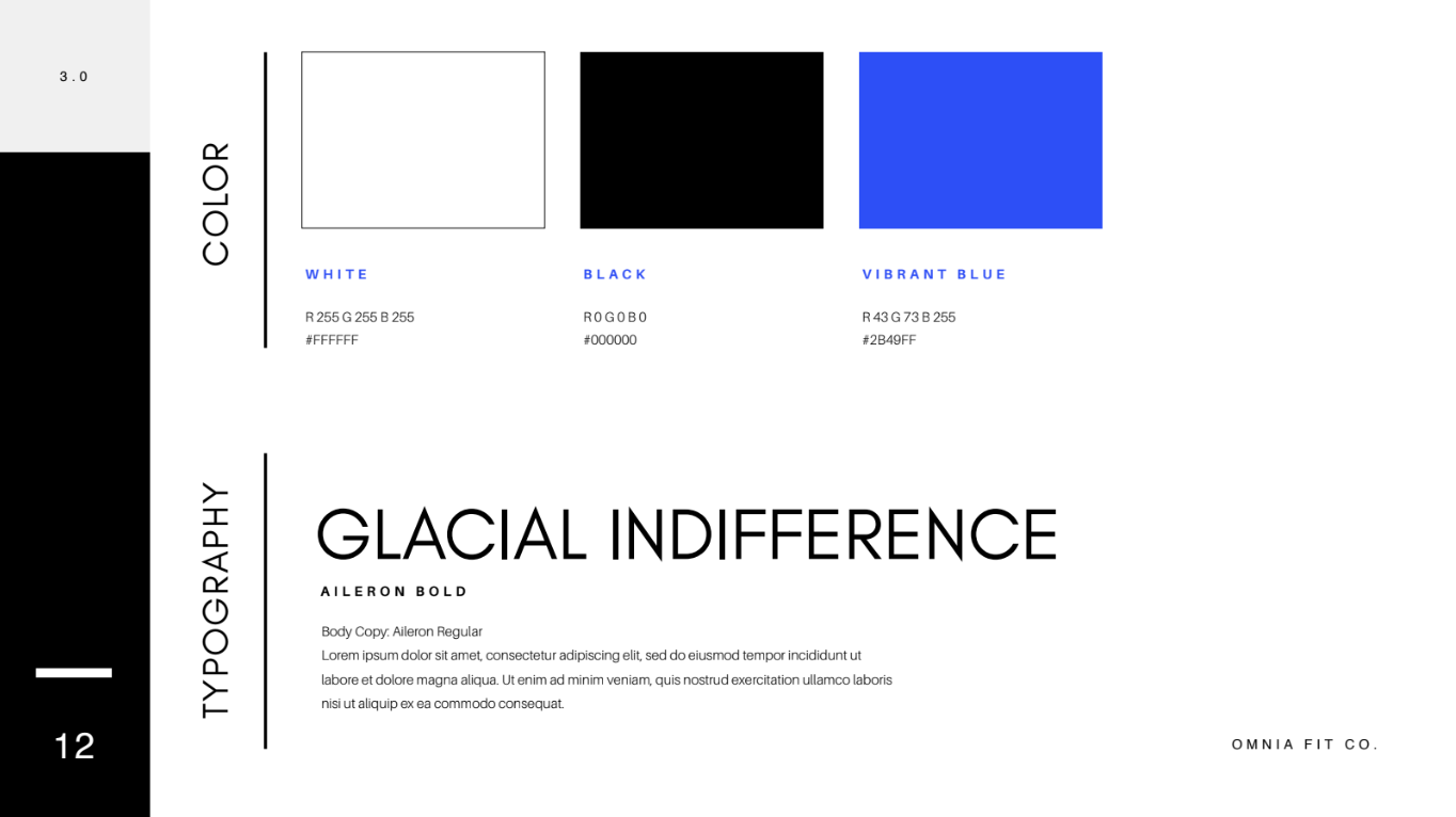 A color palette with white, black, and vibrant blue swatches, each labeled with their RGB and hex codes, along with text showcasing the font 'Aileron Bold' used for the title 'Glacial Indifference' and additional placeholder text, a vertical typograp