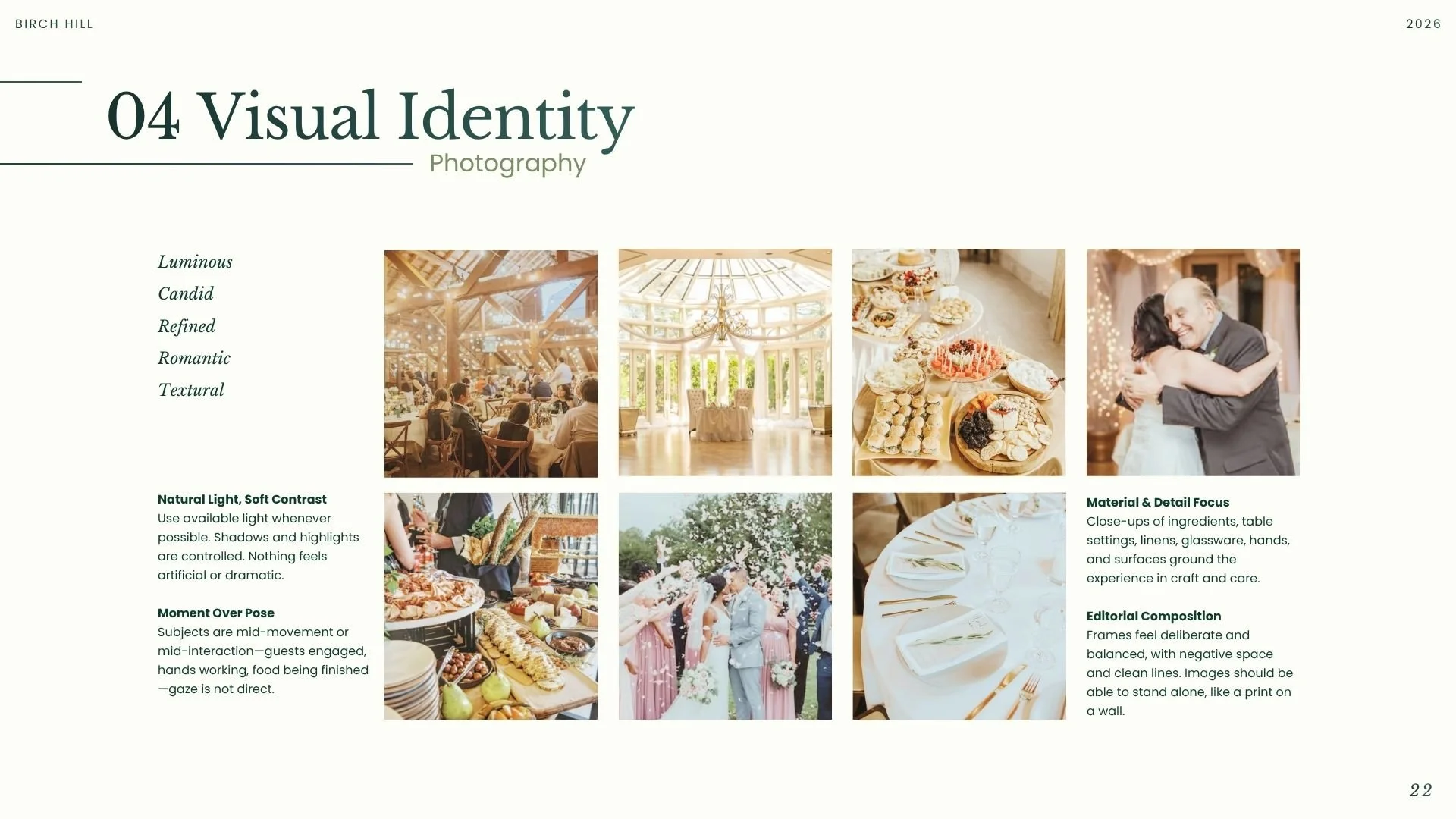 A magazine or book page with the title "04 Visual Identity Photography" and images of a wedding reception, including an elegant venue with a chandelier, tables with desserts, and guests celebrating and dancing.