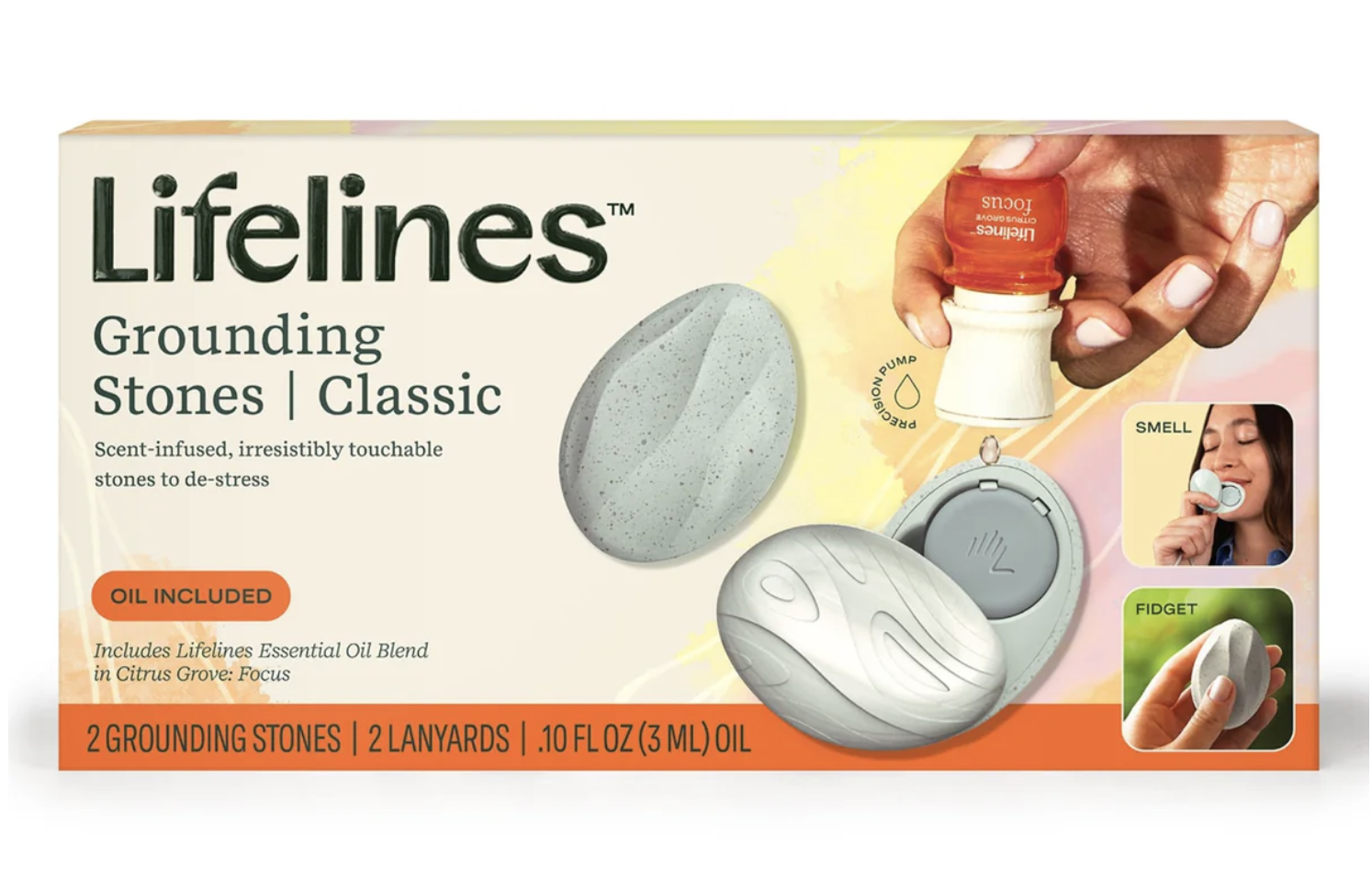 Lifelines Grounding Stones Classic in packaging with a woman smelling a stone and a hand holding a stone fidget. Product includes 2 grounding stones, 2 lanyards, and 0.1 fl oz of oil, with scent inspired by Citrus Grove.