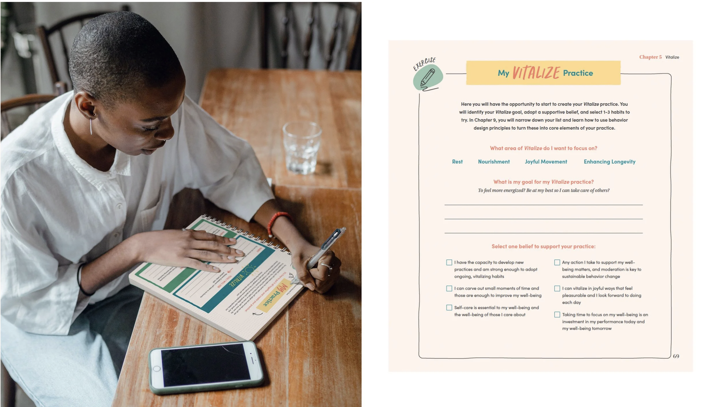 A woman with dark skin and short hair, wearing a white shirt, sitting at a wooden table, filling out a worksheet with a black pen. On the table are a smartphone and a glass of water.