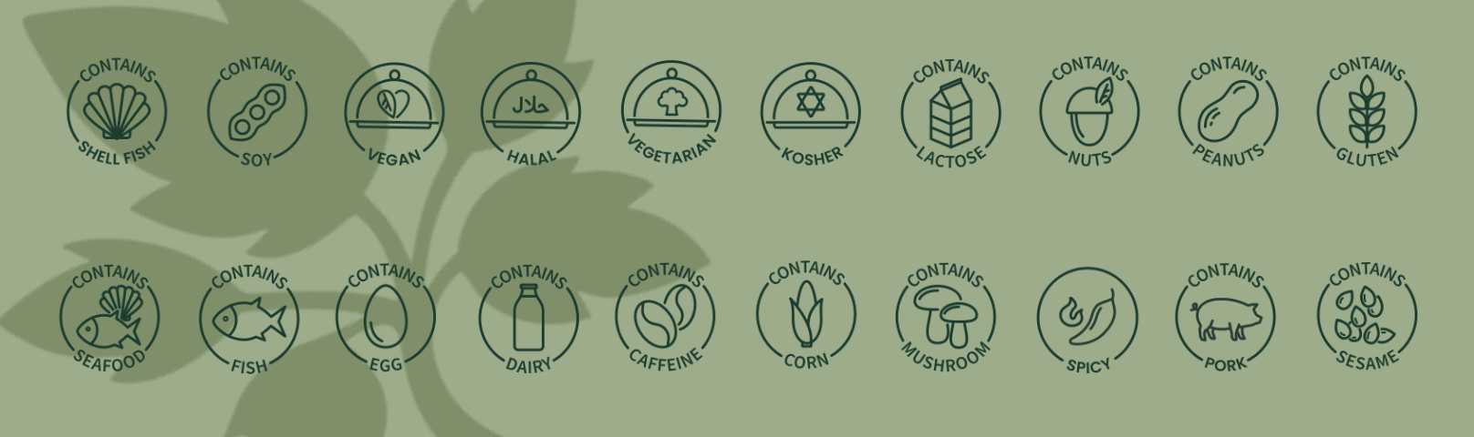A list of dietary information icons indicating the product contains shellfish, soy, vegan, halal, vegetarian, kosher, gluten, peanuts, lacto, nuts, seafood, fish, egg, dairy, caffeine, corn, mushroom, spicy, pork, sesame.