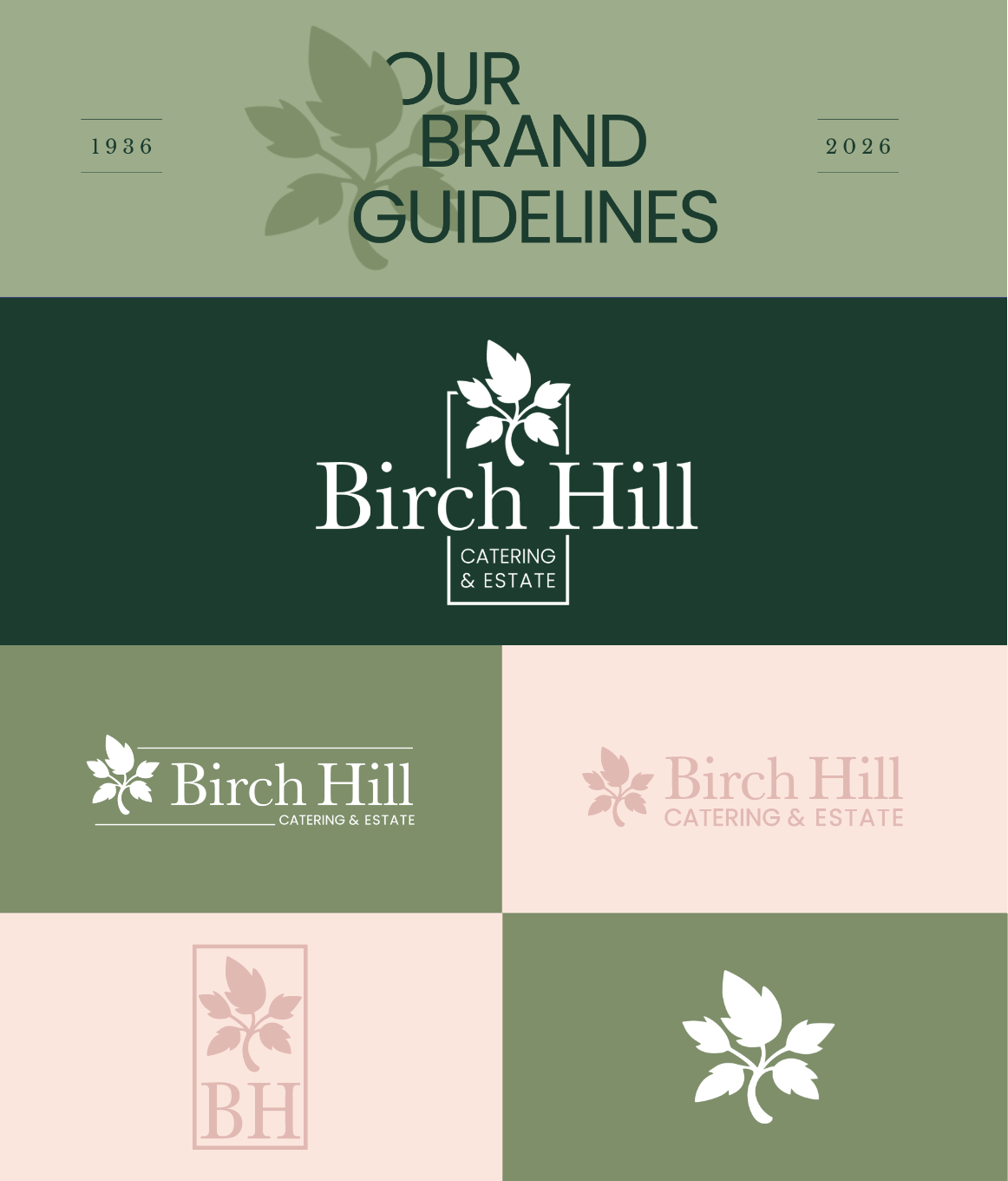 Design showcasing branding guidelines for Birch Hill Catering & Estate, including multiple logo variations and color schemes from 1936 to 2026.