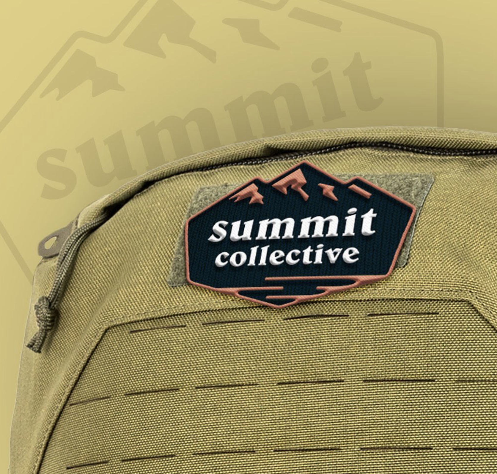 A yellow fabric backpack with a quilting pattern. It has a patch with the text 'summit collective' and a mountain design on it
