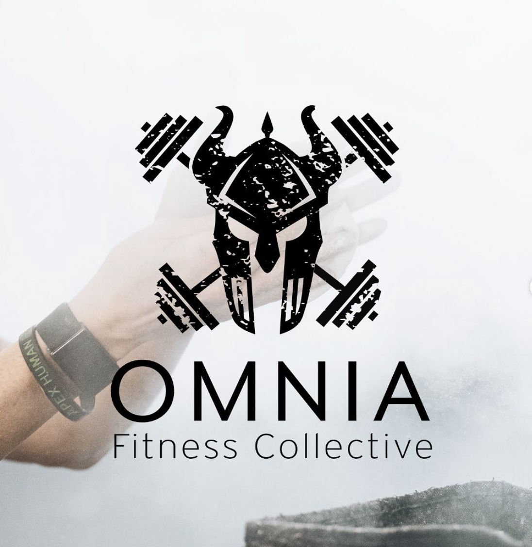 OMNIA Fitness Collective logo with a stylized skull and crossed barbells.