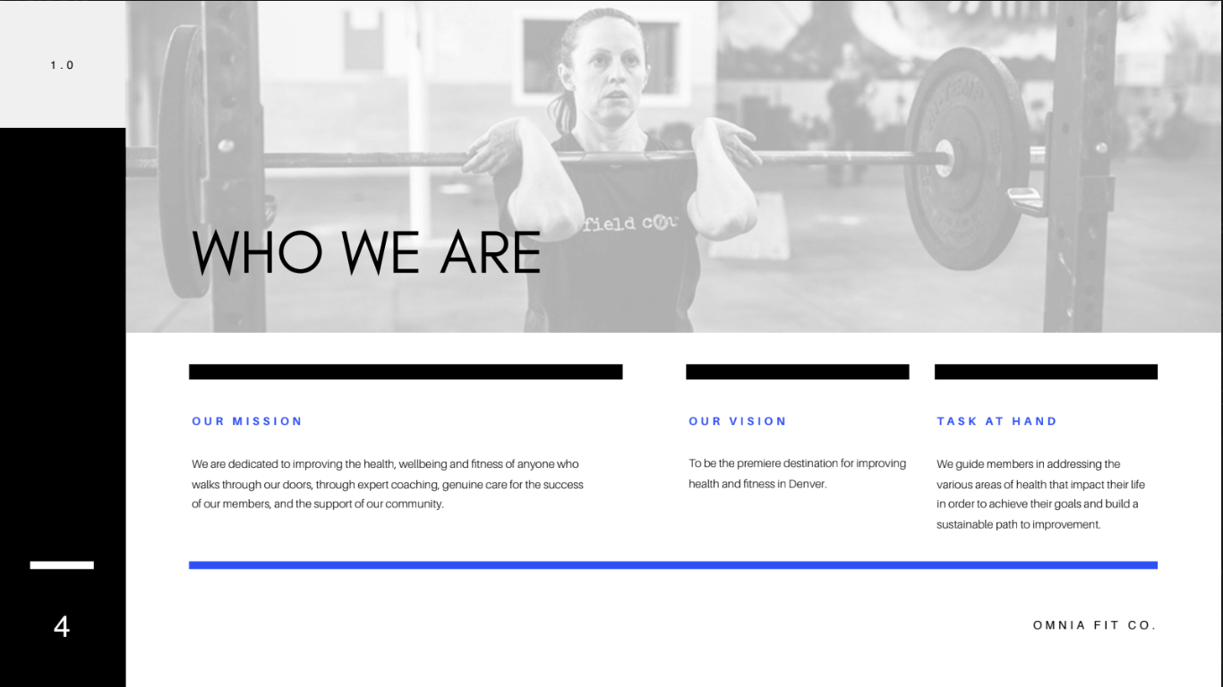 A woman lifting a barbell in a gym with the text 'WHO WE ARE' overlaid on the image.