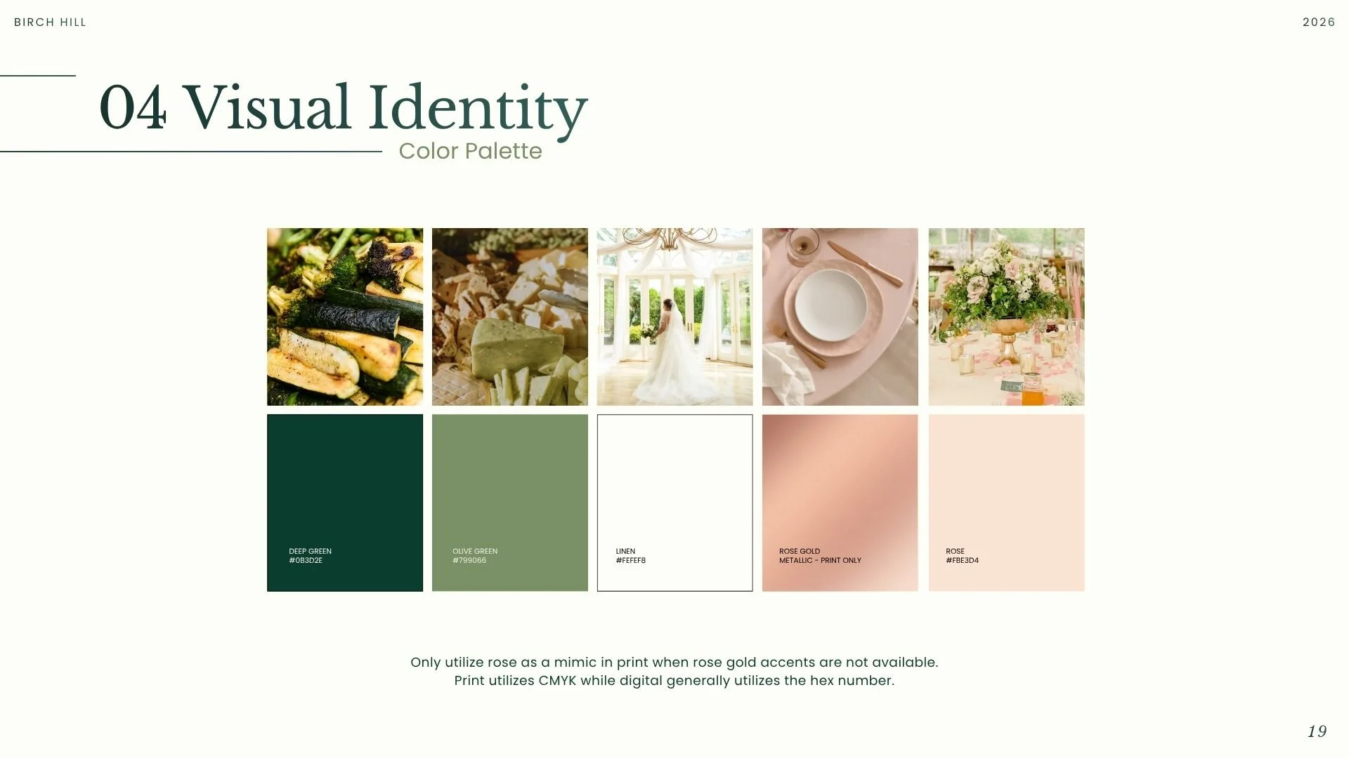 A digital color palette titled "04 Visual Identity" featuring six color swatches with their names and hex codes, including Deep Green, Olive Green, Linen, Rose Gold, and Rose, with images of food, a bride, a table setting, and floral arrangements.