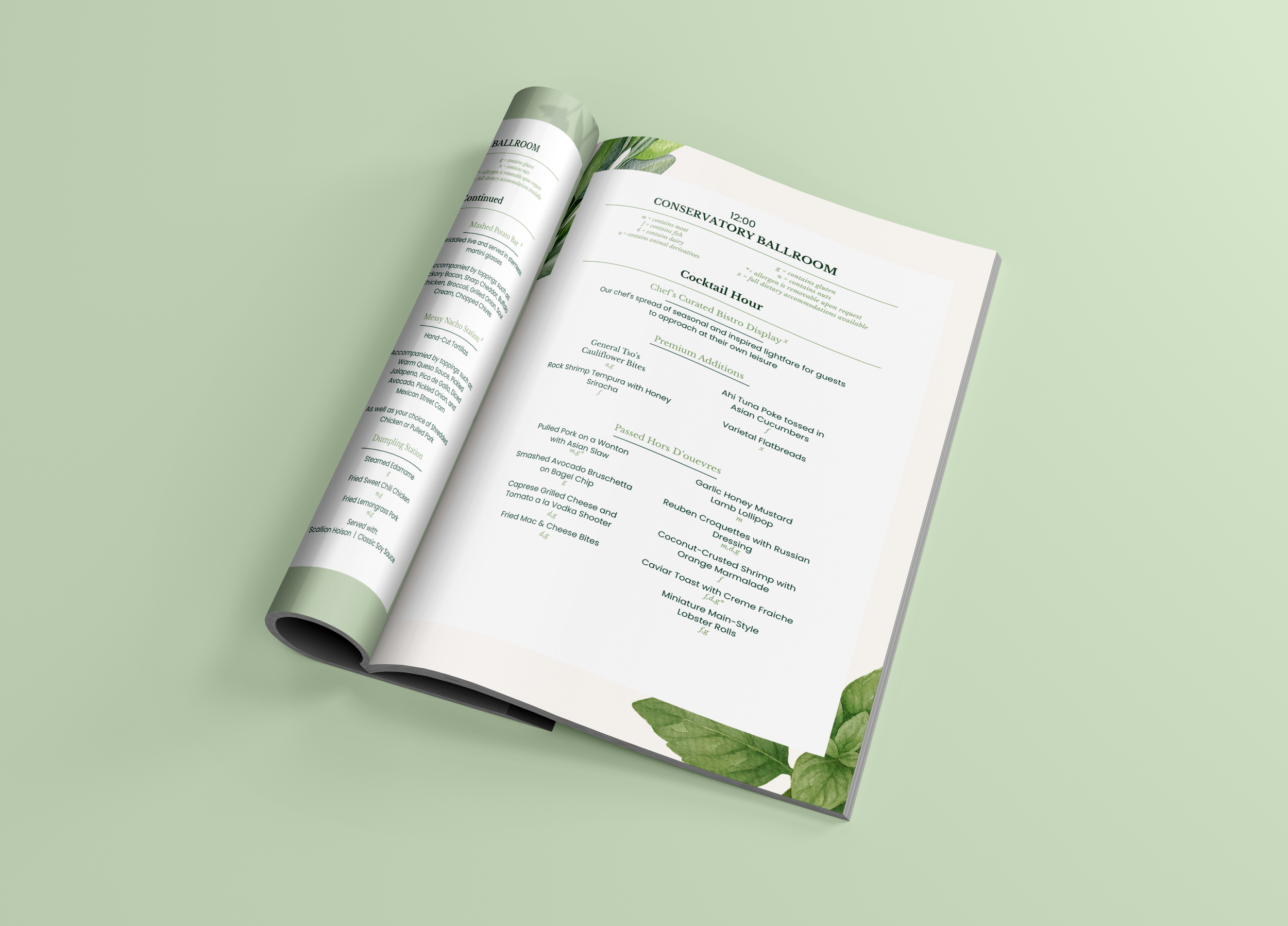 Open restaurant menu on a light green background with leaf design.