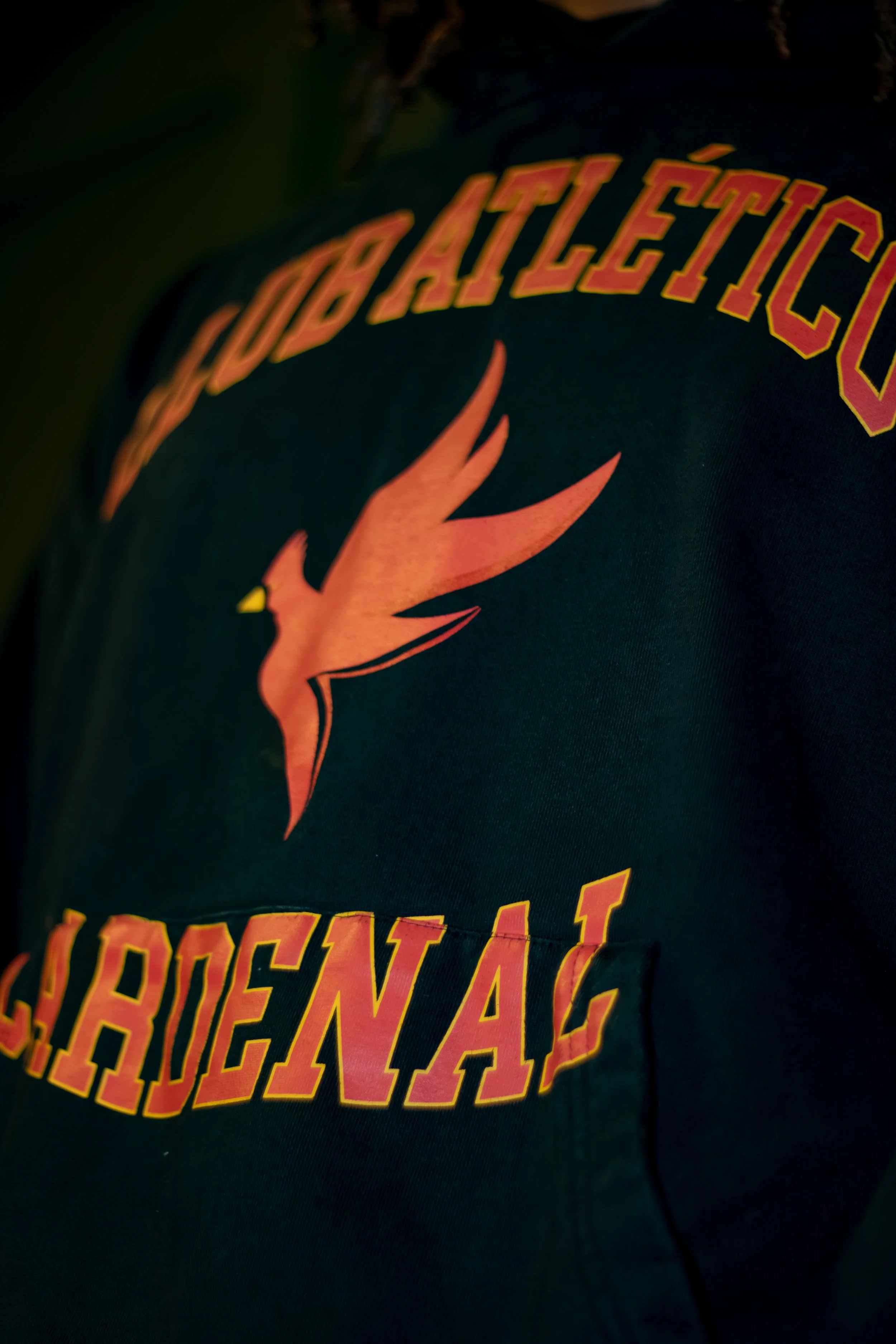 A close-up of a black hoodie with orange and yellow text and a graphic of a bird.