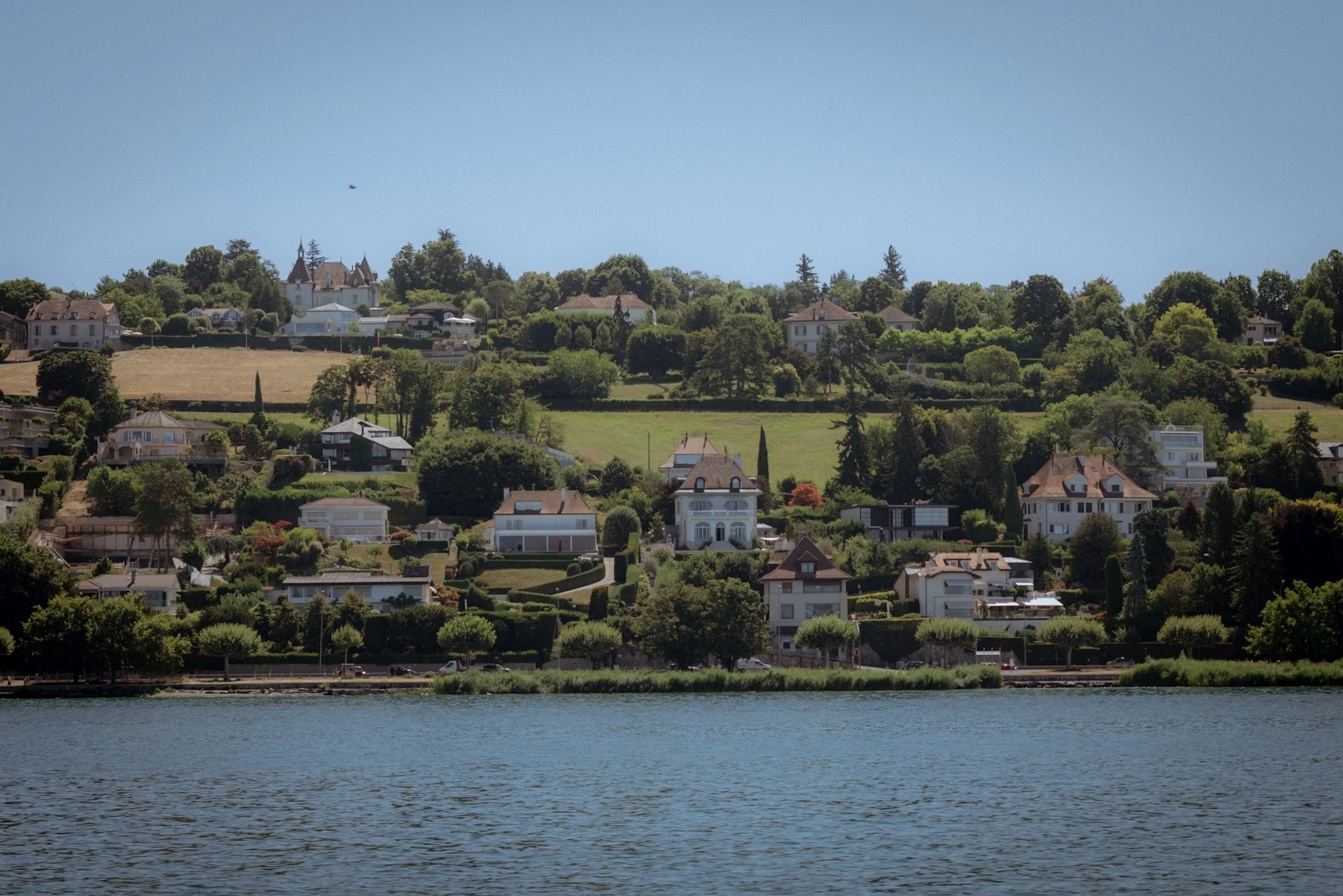 A scenic view of a hillside residential area with large houses and lush green trees, seen across a body of water under a clear blue sky.