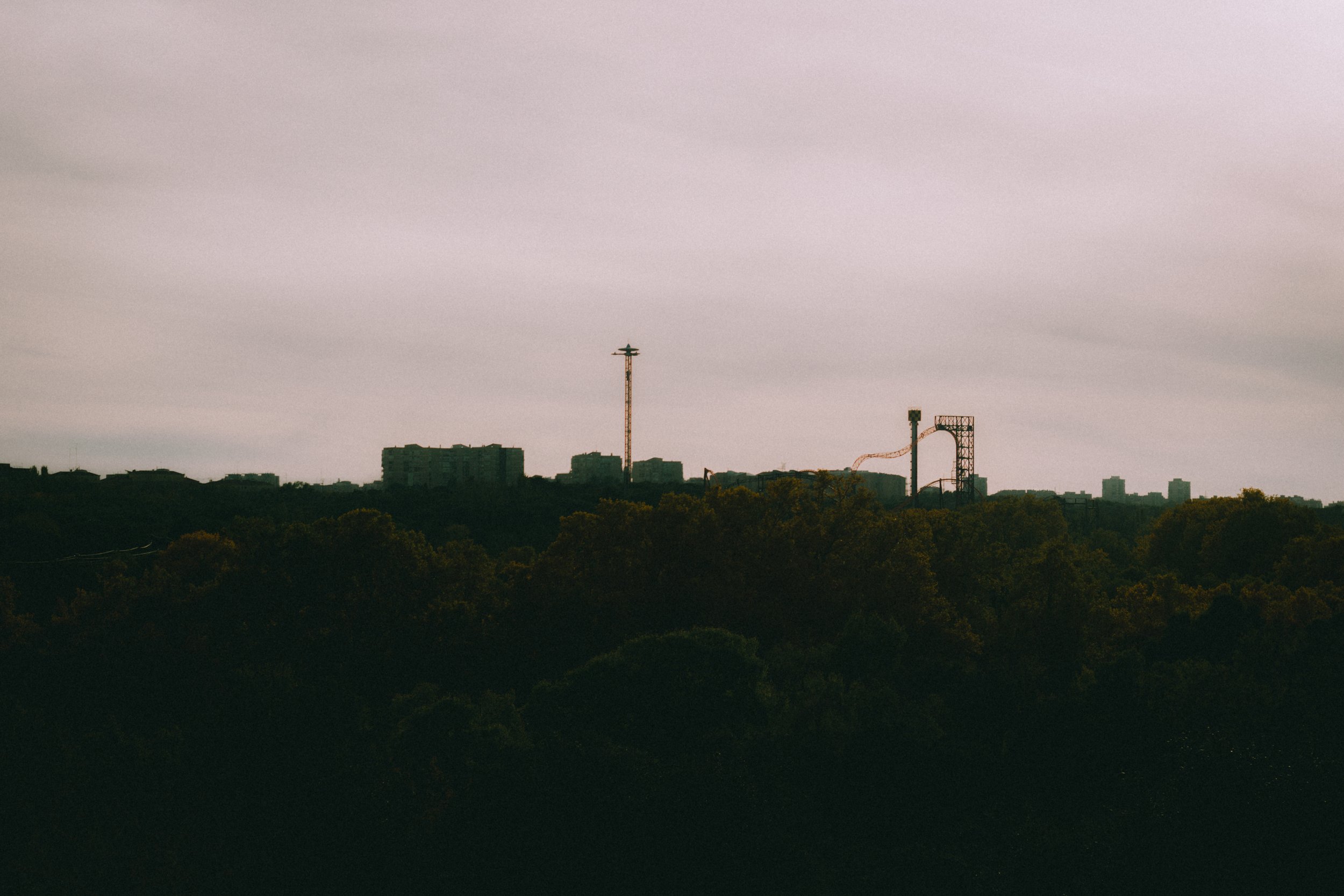 City skyline with trees in the foreground, tall buildings, and an amusement park or industrial structures with a roller coaster and tower in the background under a cloudy sky.