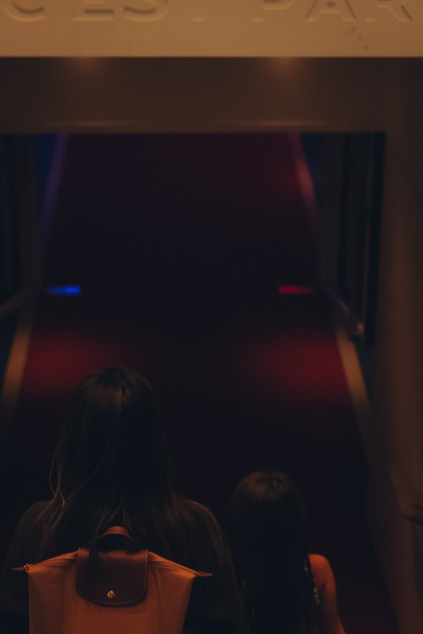 People sitting in a dark theater watching a movie or presentation, with a large screen displaying a blurry image.