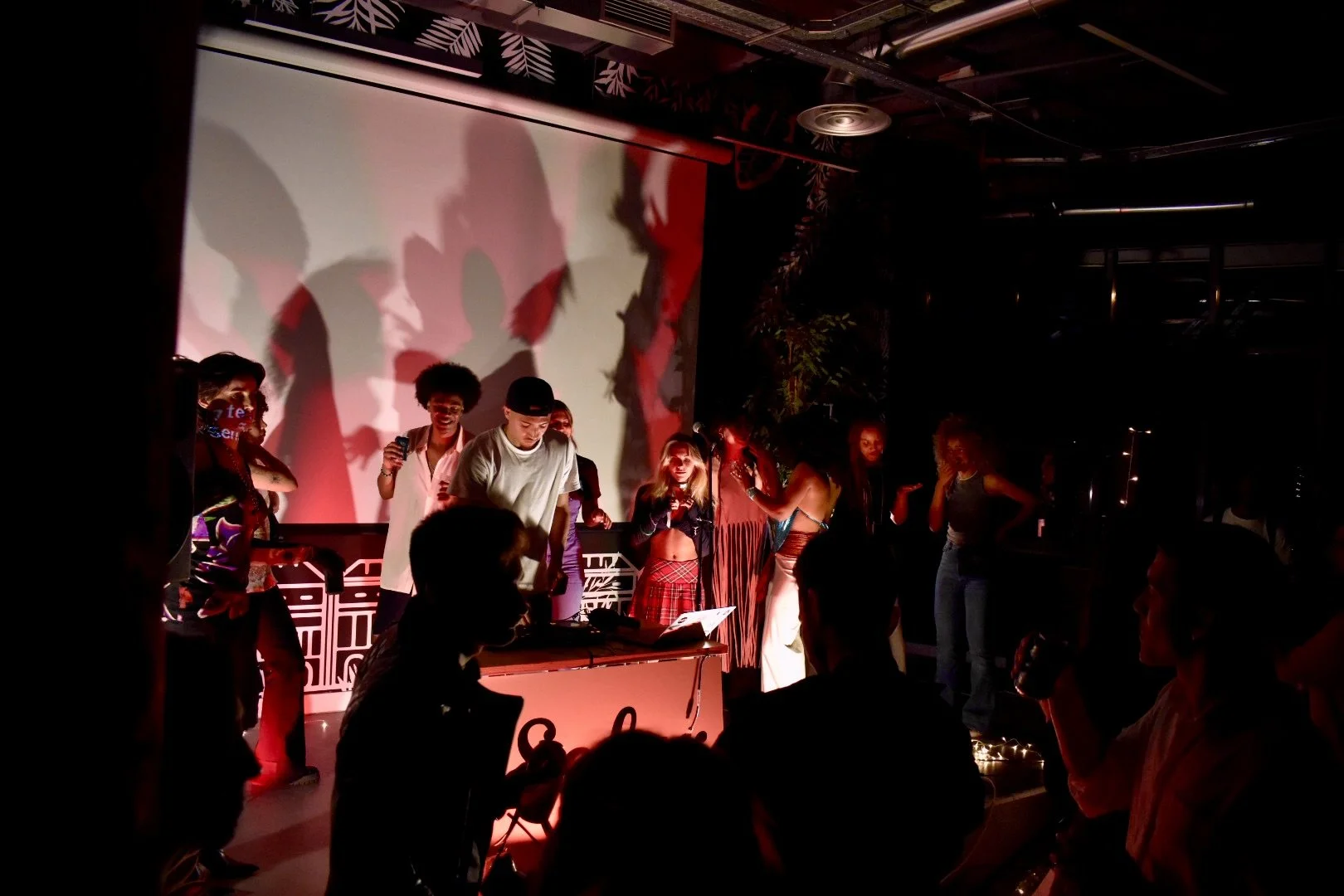 People on stage performing at a party or event with a DJ setup, shadows cast on the wall, and audience members watching.
