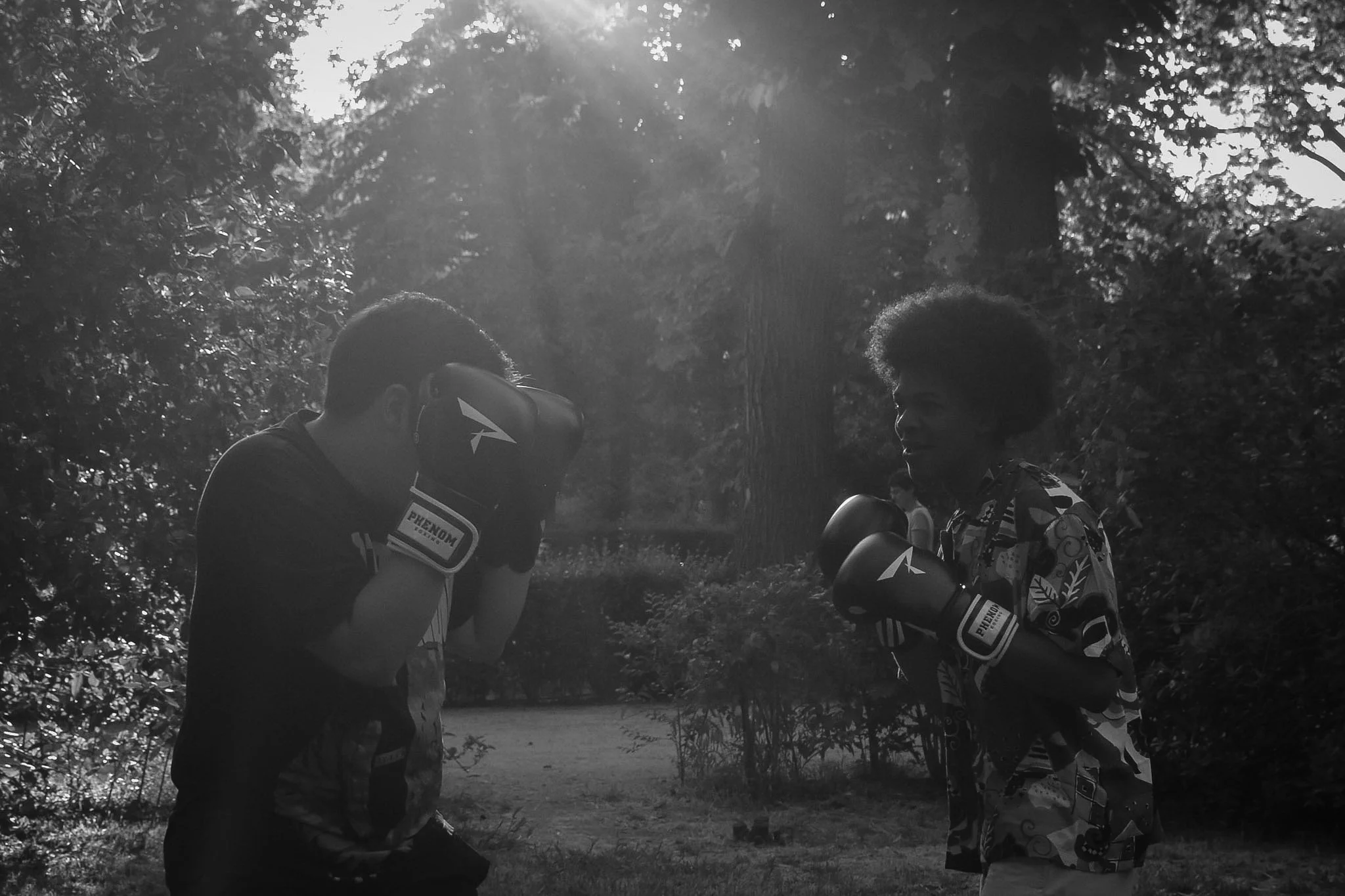 Two young men, one wearing boxing gloves, standing outdoors in a wooded area with sunlight filtering through trees, engaged in conversation or training.