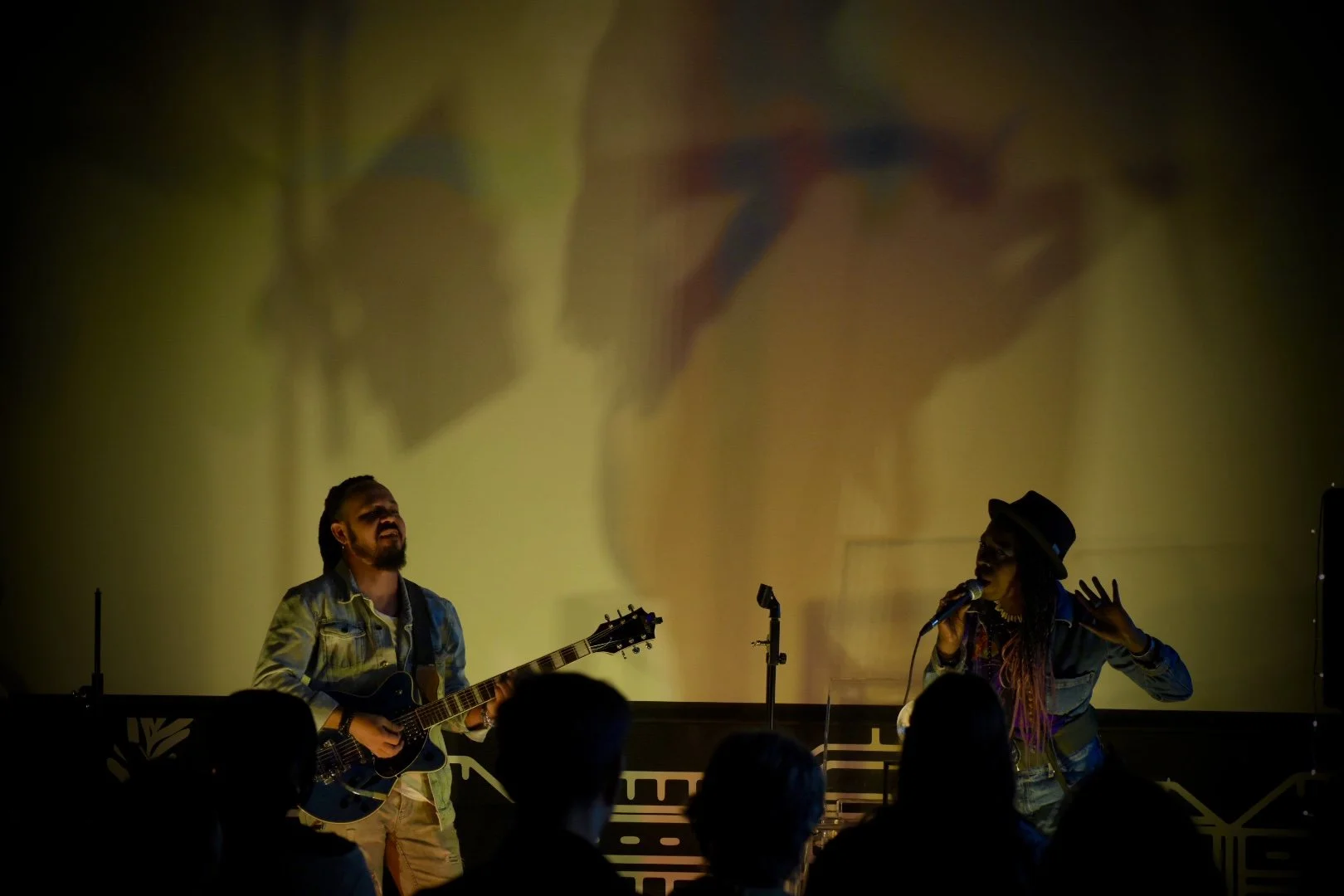 Two performers on stage; one playing guitar, the other singing into a microphone, with a colorful shadow projection on the wall behind them, and an audience in front.