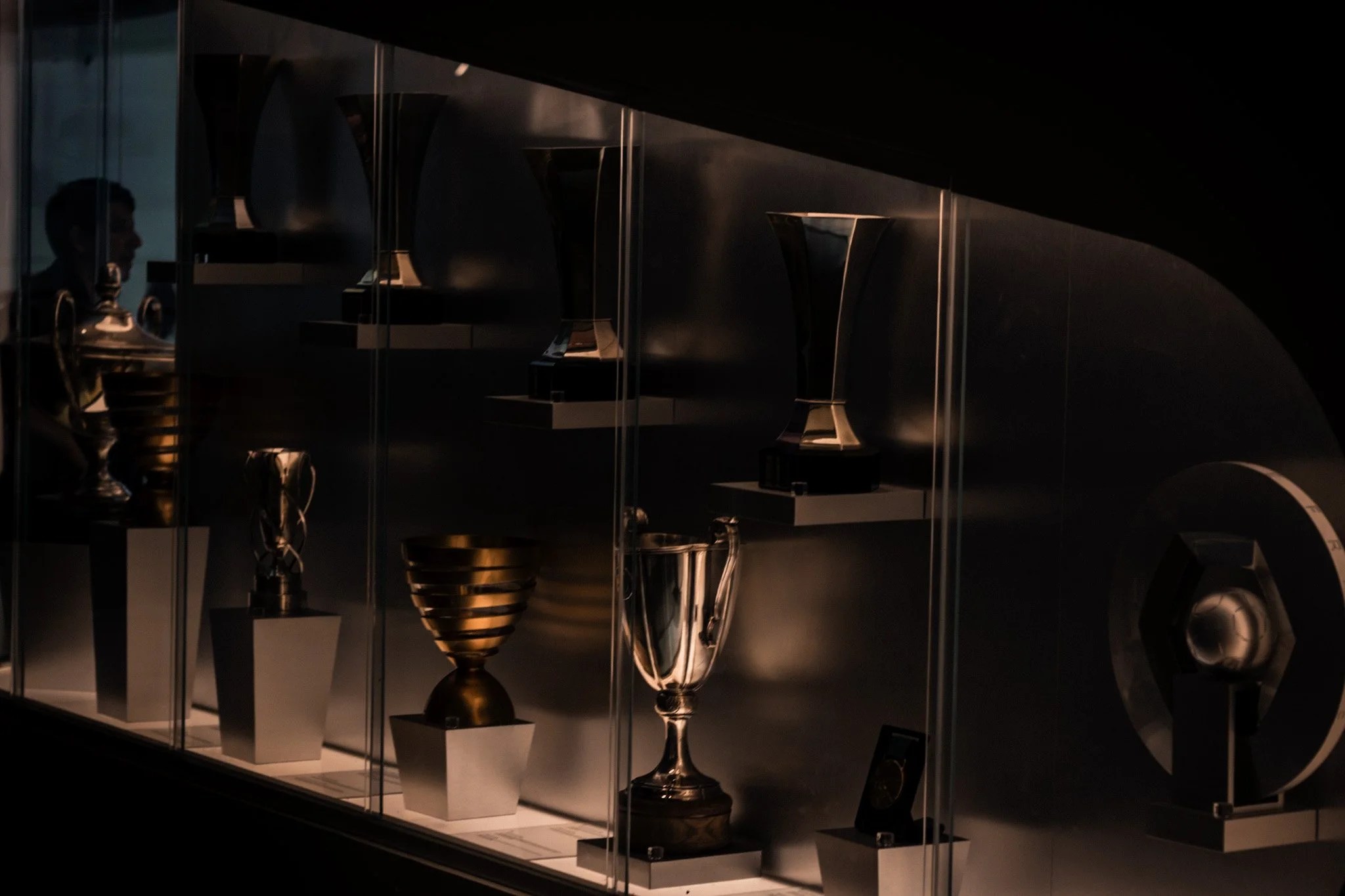 Display case with multiple trophies and awards, some with gold and silver finishes, arranged on shelves behind glass.