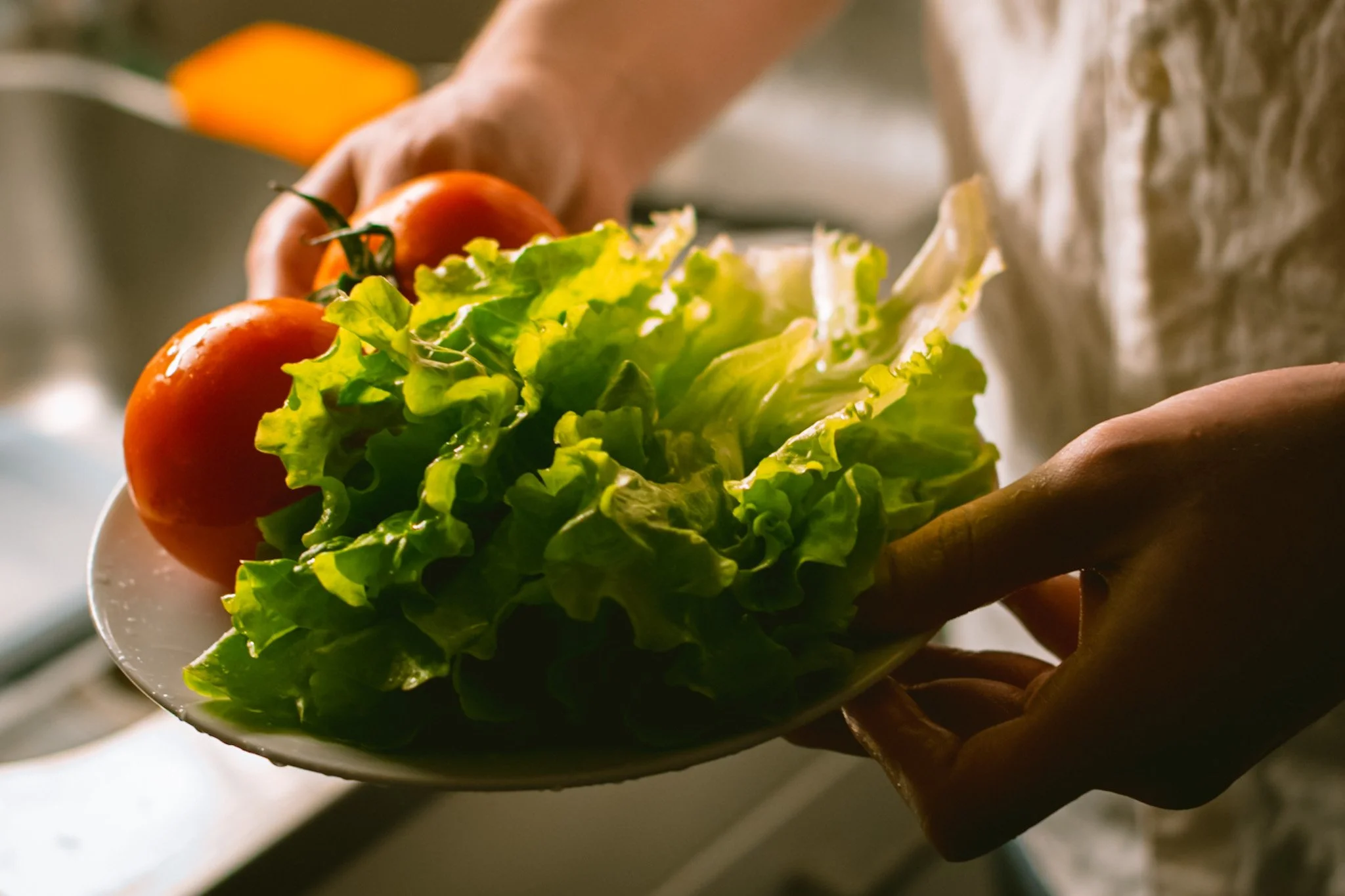 Close-up of a hand holding a spoon with fresh lettuce, tomatoes, and an orange bell pepper.