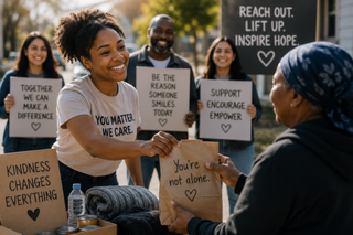 Group of diverse people holding signs with inspirational messages during a community gathering or peaceful protest.