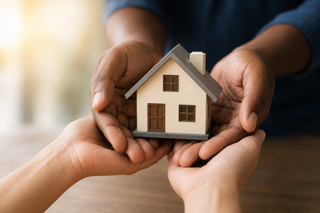 Hands holding a small model house.