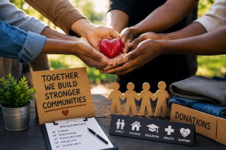 Group of diverse people holding a red heart together at a community donation event with signs saying 'Together We Build Stronger Communities' and 'Donations' along with a table of supplies.