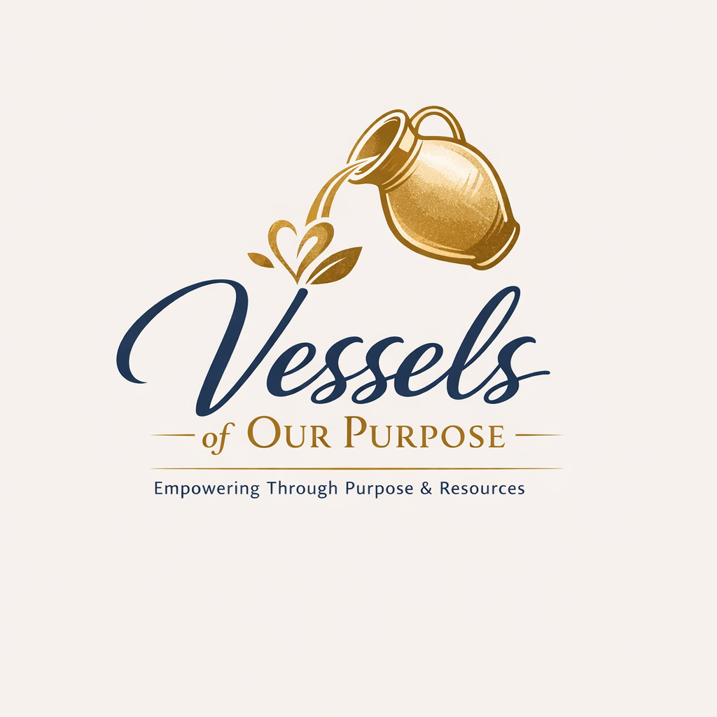 Logo for Vessels of Our Purpose featuring a stylized gold water jug pouring into a flower with leaves, with the text "Vessels of Our Purpose" and the tagline "Empowering Through Purpose & Resources."