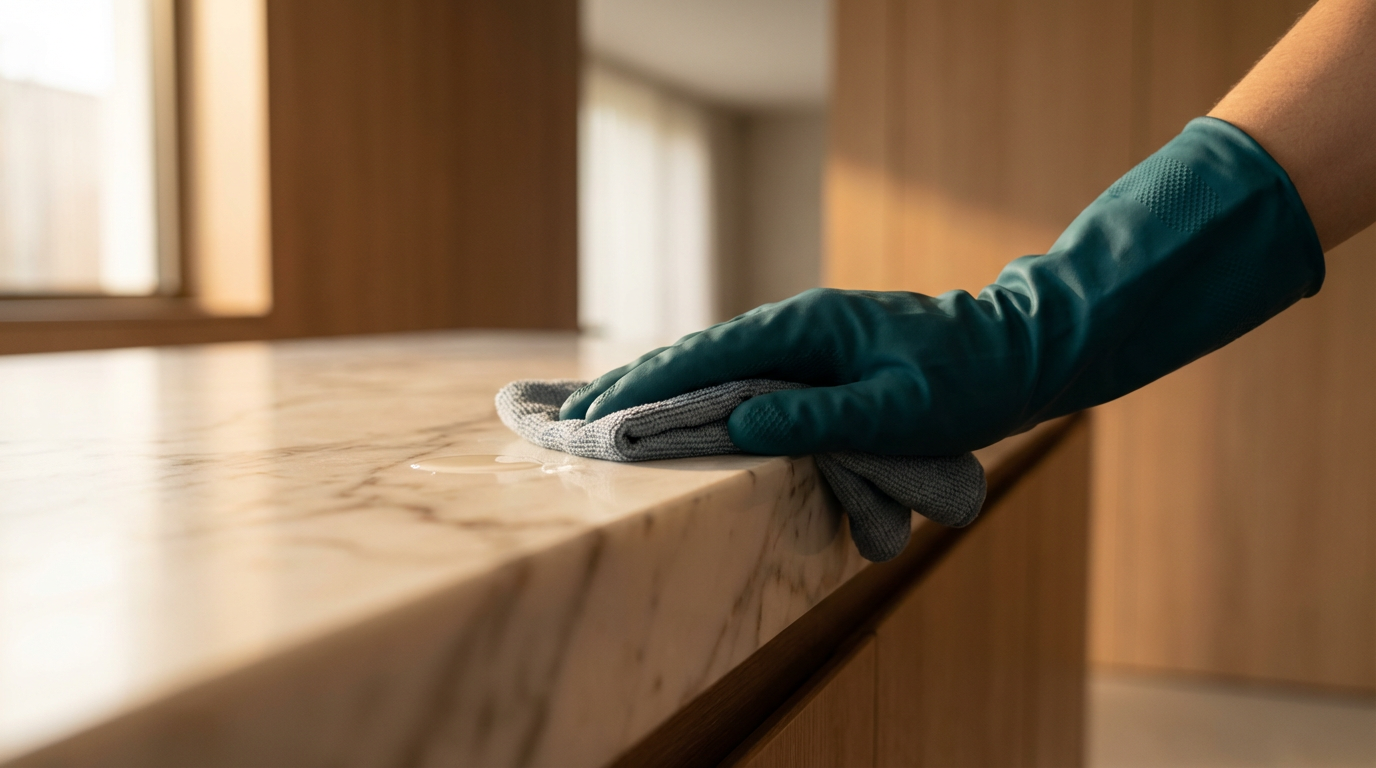 Person wearing gloves cleaning a marble countertop with a cloth indoors.