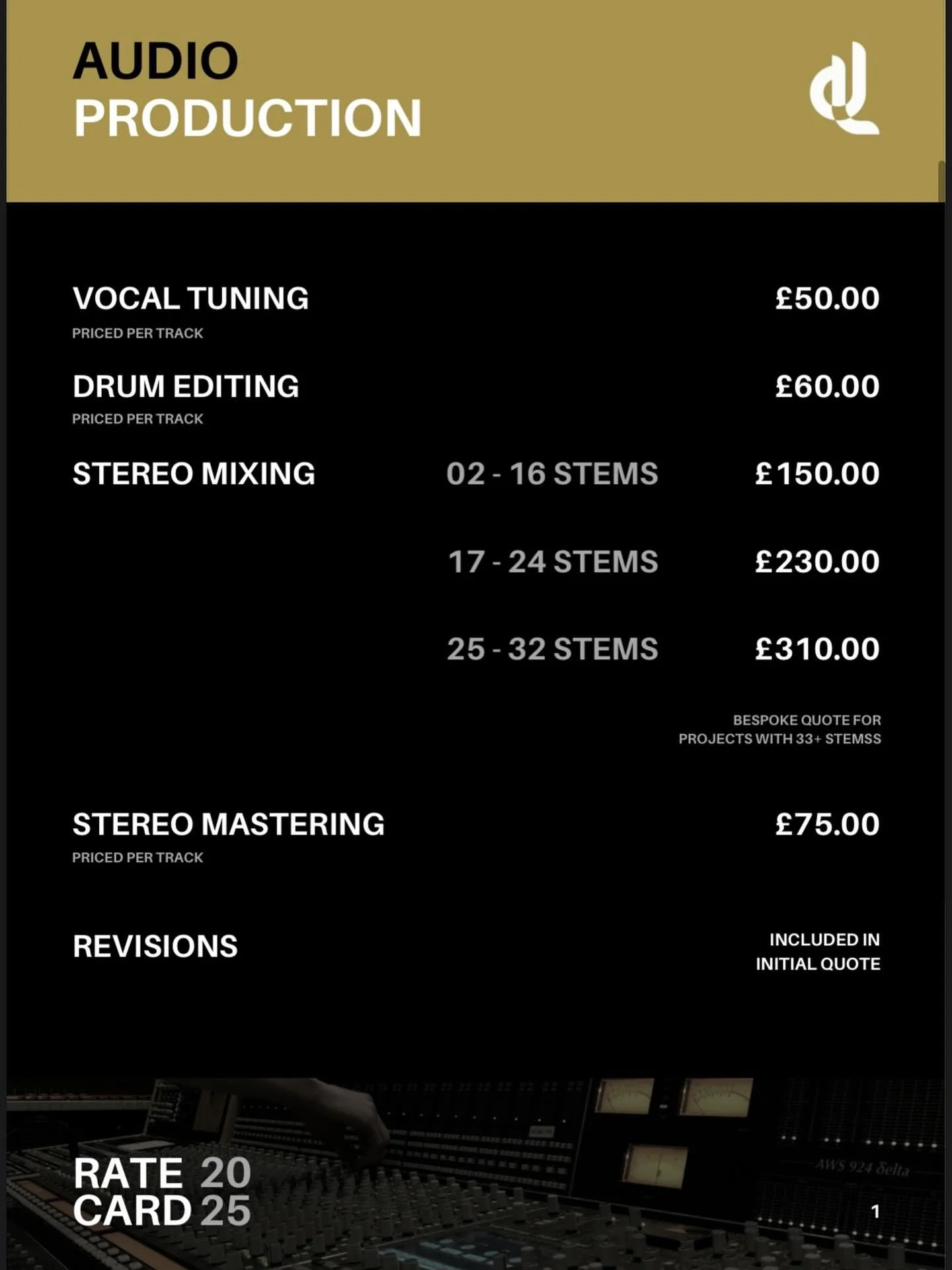 Mixing &bull; Mastering &bull; Vocal Tuning &bull; Drum Editing

🚀 From Bedroom Demo &rarr; Polished Release

💷 Transparent Rates &bull; No Hidden Fees

danleaning.com / @mixedbydl