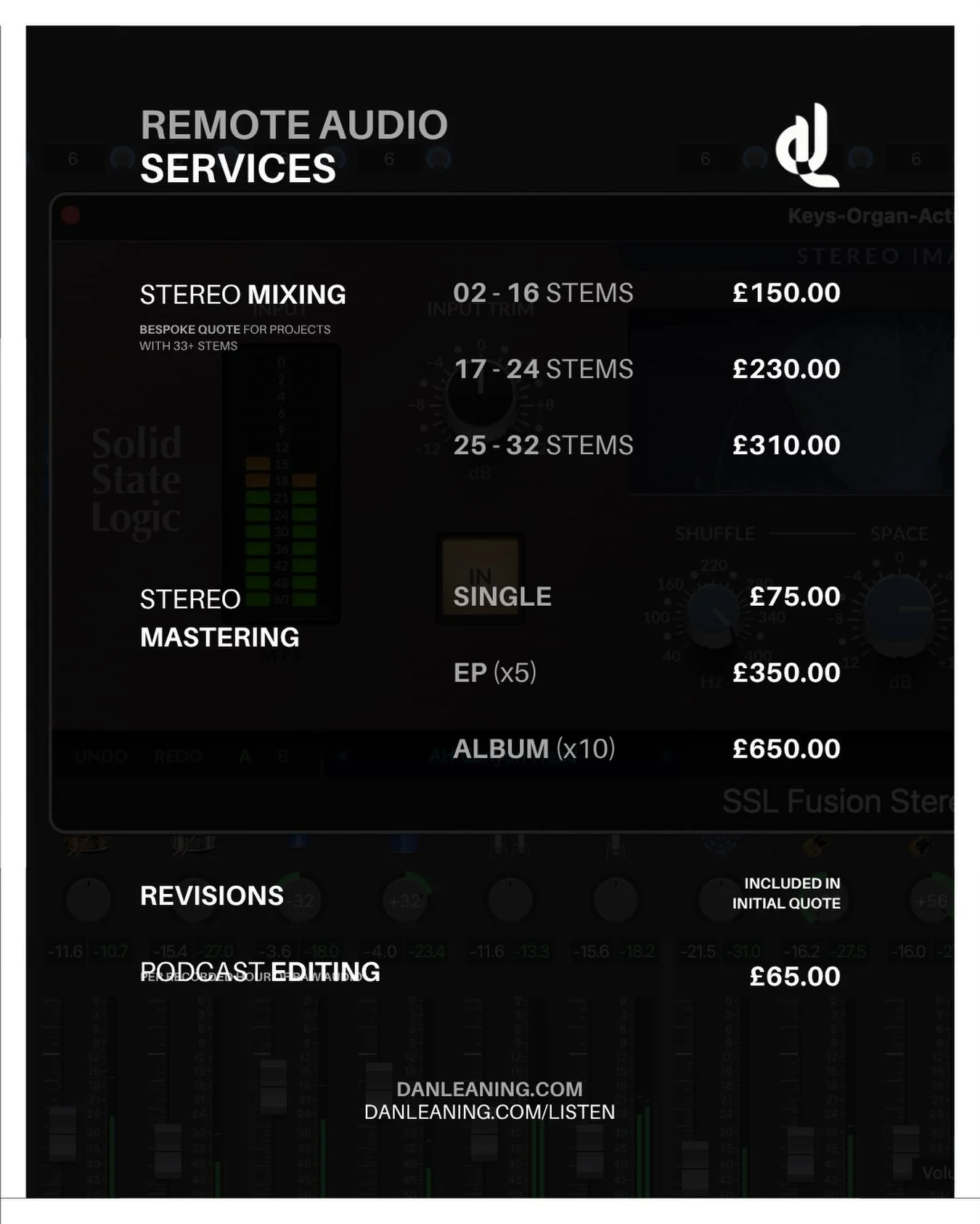 Mixing &bull; Mastering &bull; Podcast Editing

From Bedroom Demo &rarr; Polished Release

Transparent Rates &bull; No Hidden Fees

danleaning.com / @mixedbydl