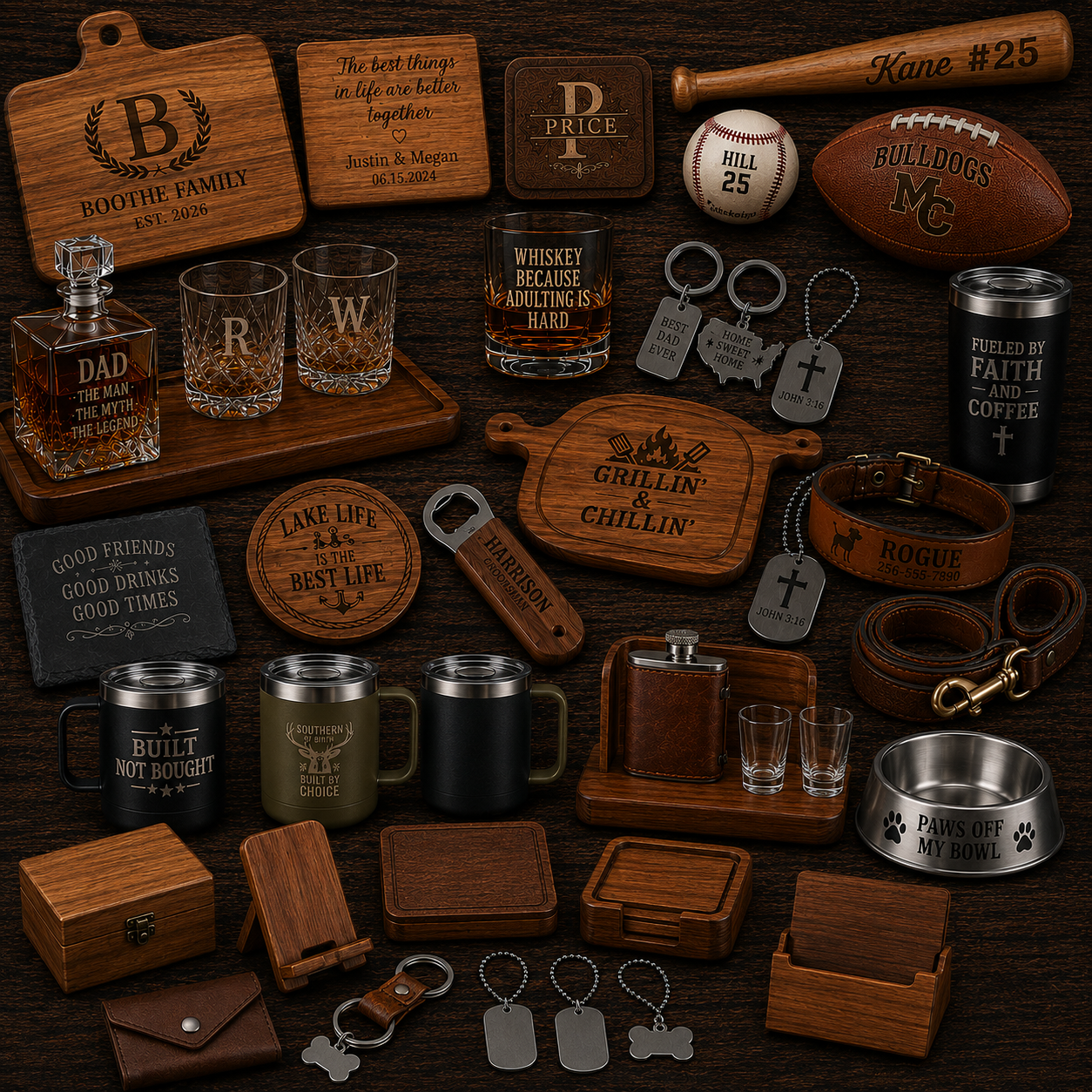 A collection of wooden and metal items on a dark wooden surface, including drinkware, keychains, mugs, signs, a baseball bat, miniatures, and accessories, all with personalized or decorative engravings.