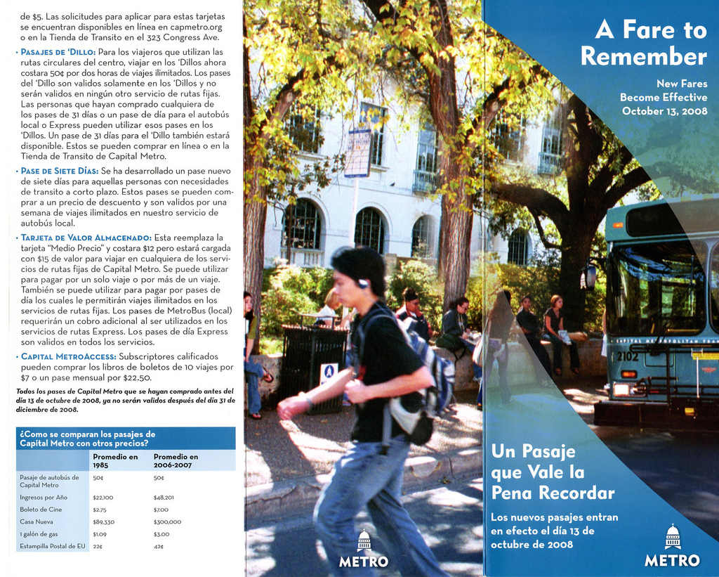 Bilingual fare change brochure for the October 2008 fare restructuring, one piece of the full-cycle print production I managed.