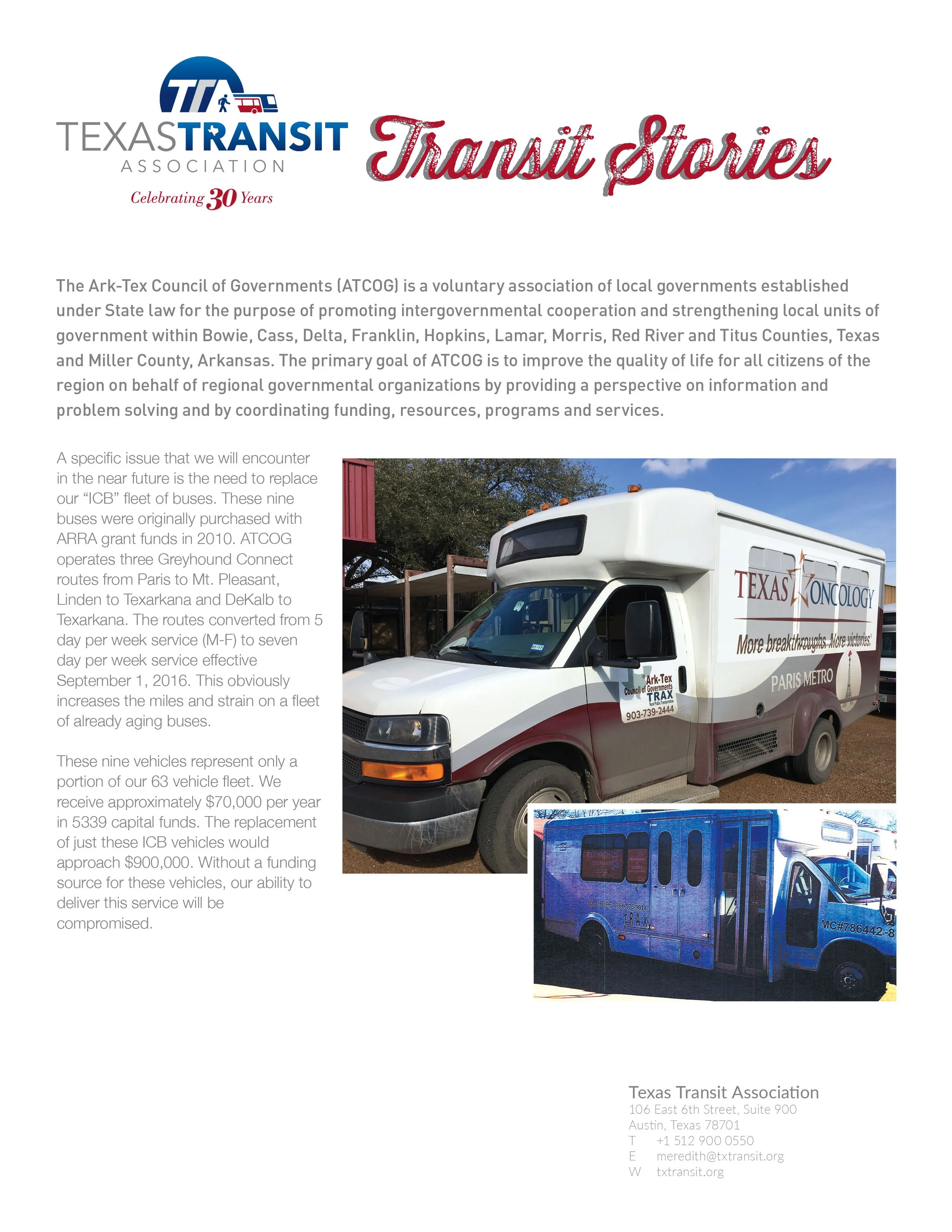 Ark-Tex Council of Governments: District profile for the Transit Stories series, covering rural fleet needs and expanded service across a nine-county region. (Print and digital)