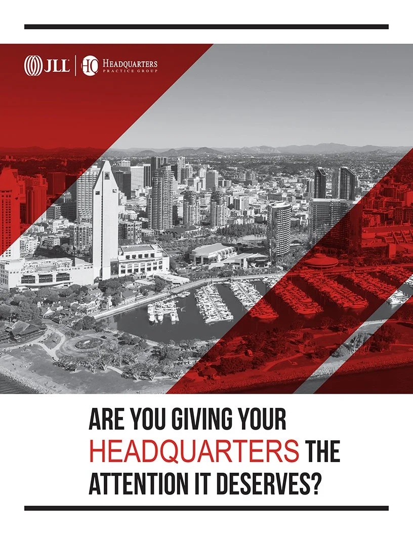 JLL Headquarters Practice Group brochure for JLL's global team of specialists handling corporate headquarters strategy, real estate transactions, financial modeling, build-out and project management, market research, and sustainability planning for m