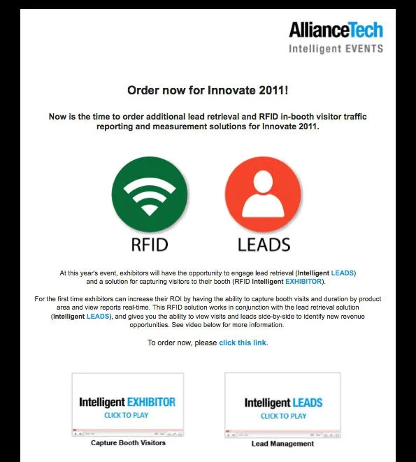 Innovate 2011 promo email order-now push for RFID and lead-traffic reporting tools ahead of the Innovate trade show, with client logos for social proof.