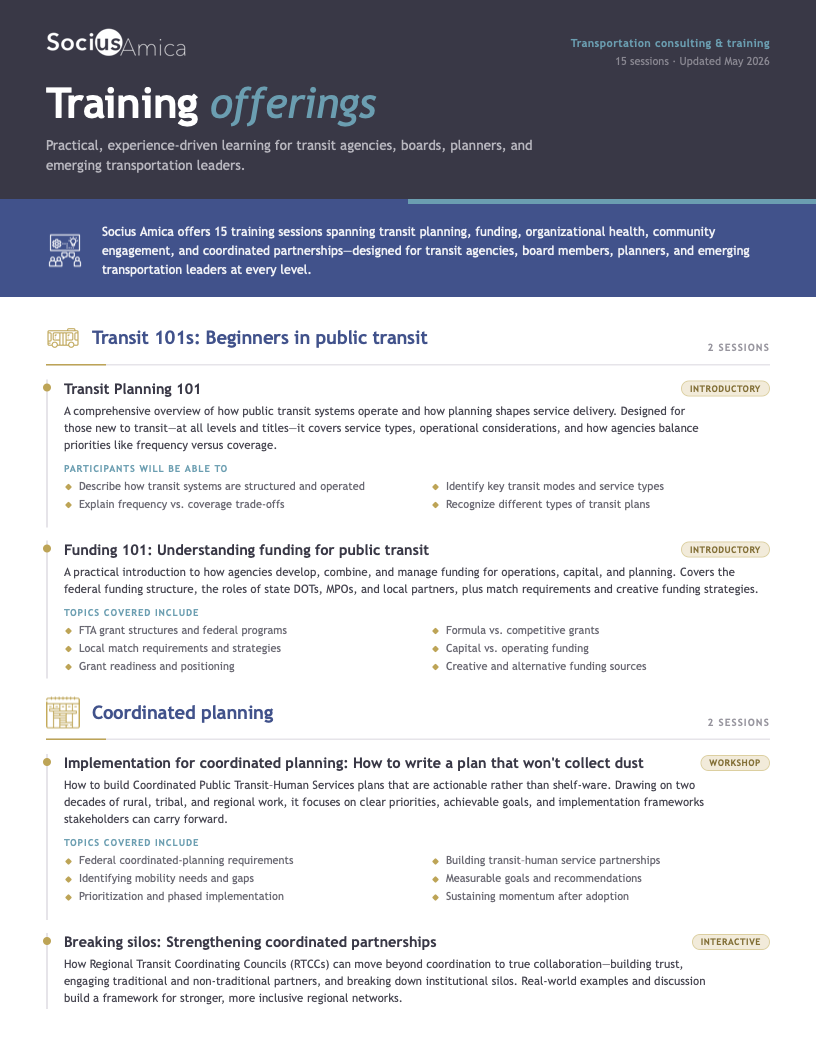 Training offerings flyer for Socius Amica Transportation Consulting: 15 sessions spanning transit planning, funding, organizational health, community engagement, and coordinated partnerships. Copy, layout, and design contributed as part of the propos