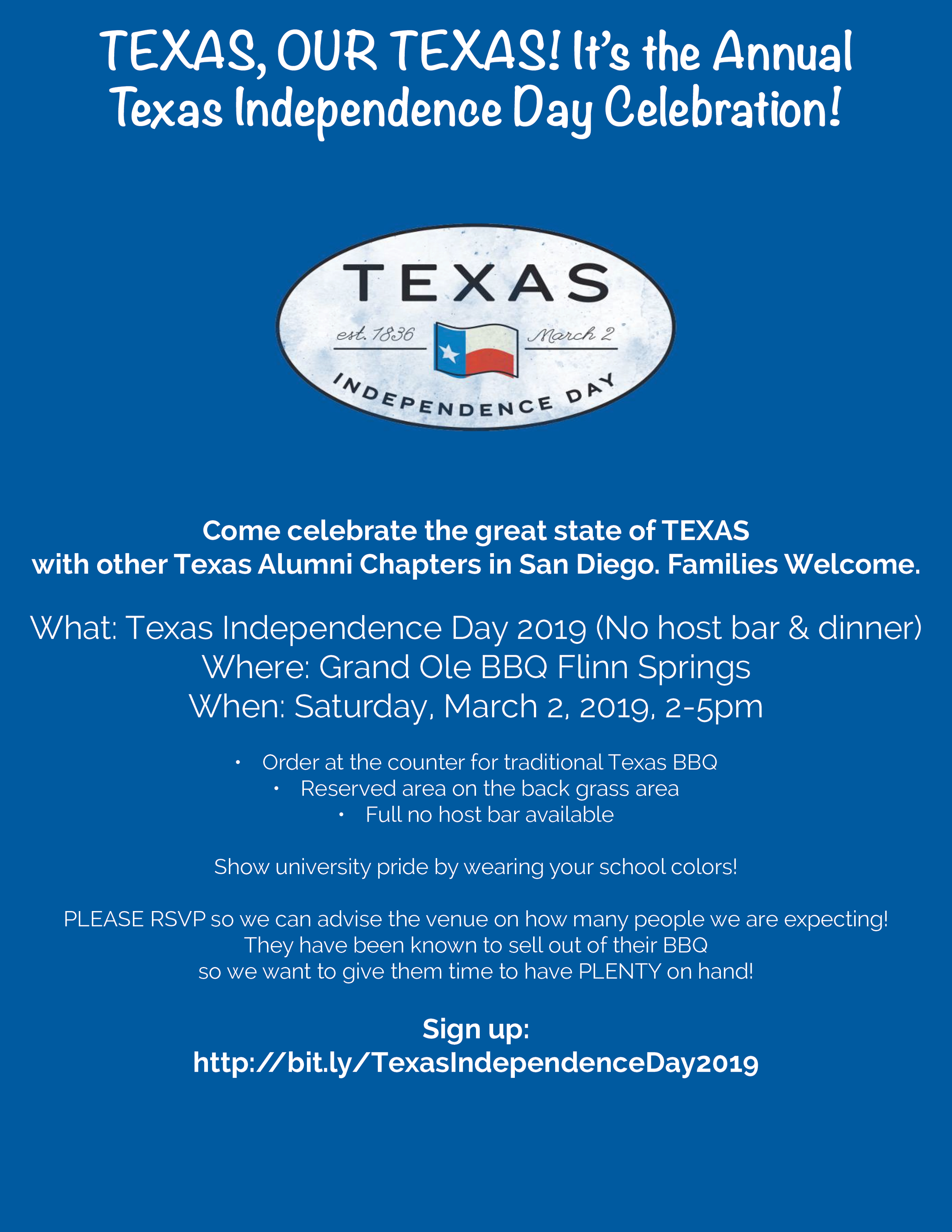 Annual Texas Independence Day celebration event flyer. Design and copy.
