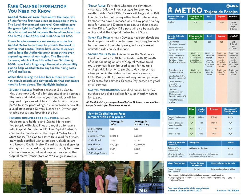 Detailed fare comparison and rider information, English and Spanish, produced for the 2008 fare change