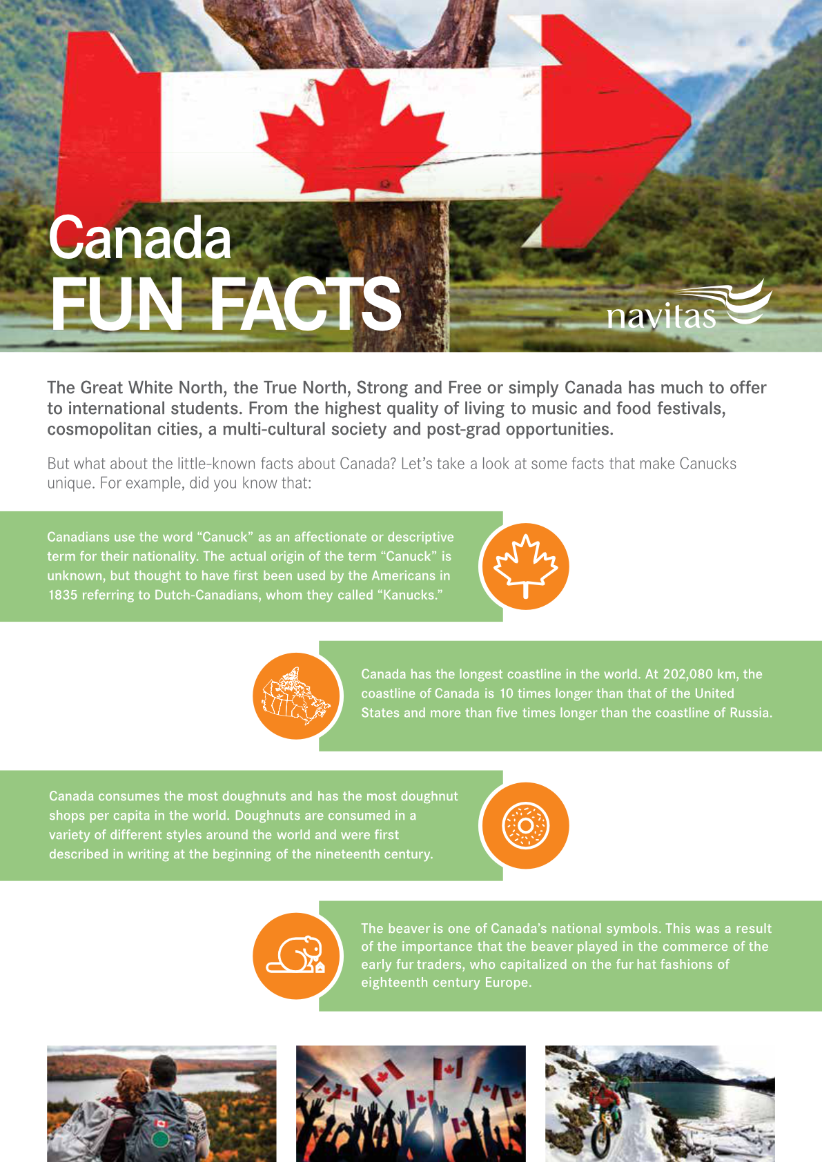 Fun facts flyer for the Canadian market: student-facing content highlighting life and culture in Canada for prospective international students. Copy. Program managed production. Work directed. (A4, print and web)